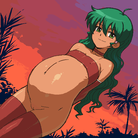 tenseiani, jasmine (deltora quest), deltora quest, 00s, choker, elbow gloves, flat chest, gloves, green eyes, green hair, happy, long hair, oekaki, pregnant, pussy, smile, strapless, thighhighs, tube top, uncensored
