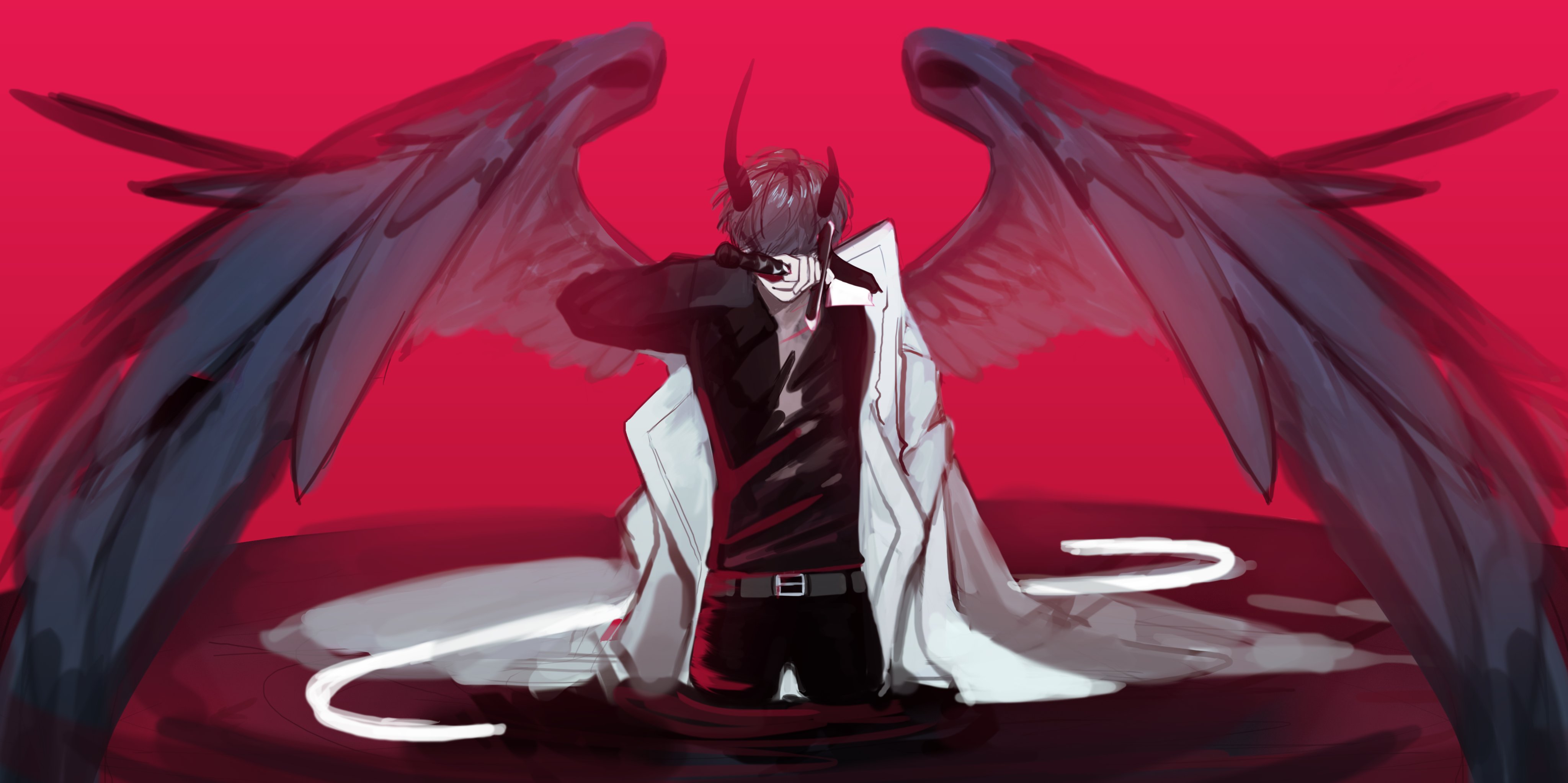 hayu beck, kim dokja, omniscient reader's viewpoint, absurdres, commentary request, highres, korean commentary, 1boy, arm up, belt, black hair, black shirt, black wings, broken, broken horn, broken sword, broken weapon, coat, coat partially removed, collared shirt, covering own eyes, demon horns, facing viewer, feathered wings, frown, holding, holding sword, holding weapon, horns, male focus, official alternate costume, open clothes, open coat, popped collar, shirt, short hair, solo, sword, wading, weapon, white coat, wings