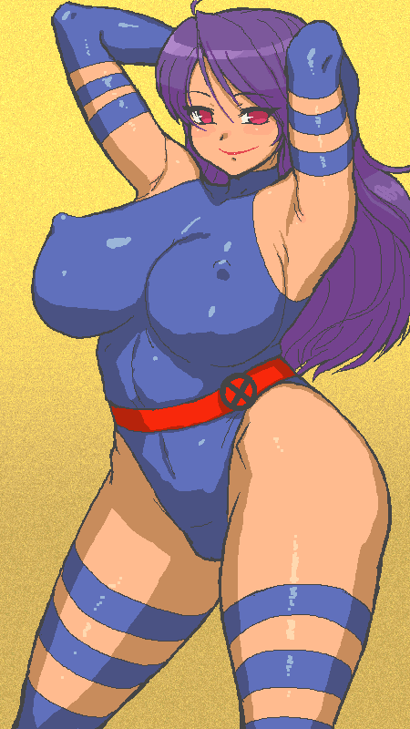 tenseiani, psylocke, marvel, x-men, 1girl, arms behind back, breasts, elbow gloves, gloves, highleg, highleg leotard, large breasts, latex, leotard, long hair, naughty face, oekaki, purple hair, revealing clothes, shiny skin, skin tight, smile, thighhighs, thighs
