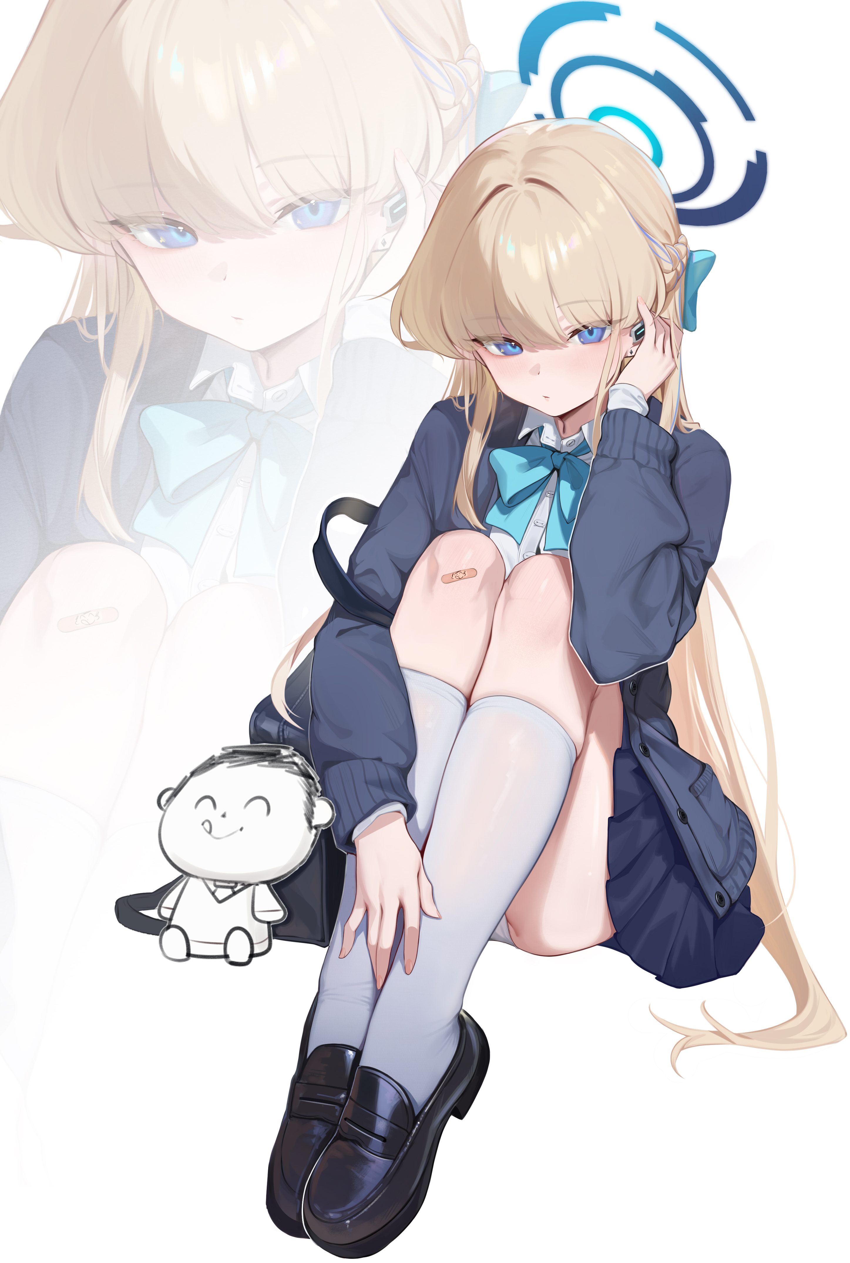 doodle sensei (blue archive), sensei (blue archive), toki (blue archive), toki (school uniform) (blue archive), blue archive, absurdres, chinese commentary, commentary request, highres, 1girl, bandaid, bandaid on knee, bandaid on leg, black bag, black shoes, blonde hair, blue bow, blue bowtie, blue cardigan, blue eyes, blue halo, blue skirt, blue streaks, blush, bow, bowtie, braid, buttons, cardigan, closed mouth, collared shirt, earpiece, earrings, eyes visible through hair, full body, grey socks, hair bow, half up braid, halo, hand on own leg, jewelry, kneehighs, knees, knees up, layered sleeves, legs together, loafers, long hair, long sleeves, looking at viewer, multicolored hair, official alternate costume, open cardigan, open clothes, panties, pantyshot, pleated skirt, pocket, school uniform, shirt, shoes, simple background, sitting, skindentation, skirt, socks, solo, spark xing, streaked hair, stud earrings, swept bangs, tsurime, tucking hair, underwear, very long hair, white background, white panties, white shirt, zoom layer