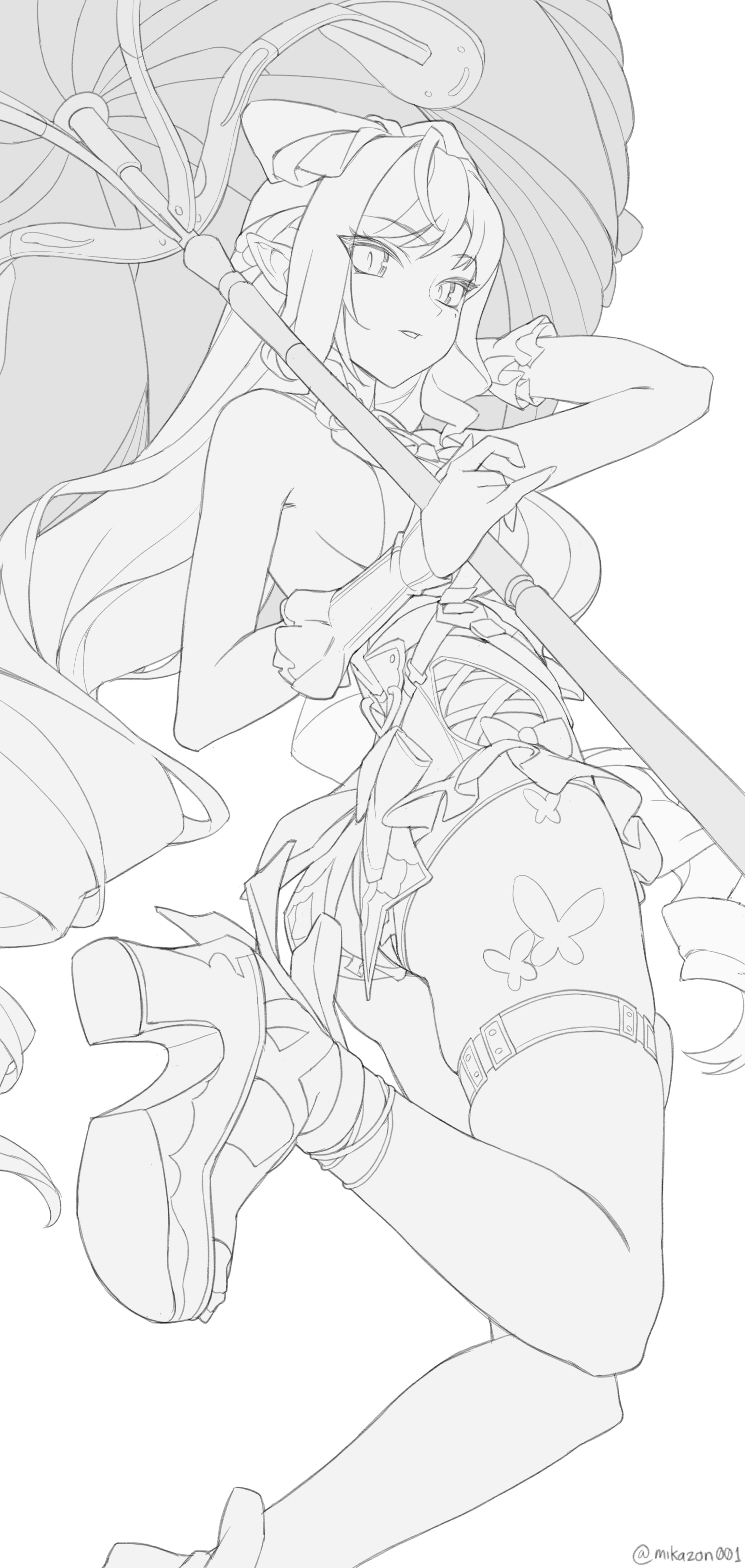 mikazon, vivian banshee, vivian banshee (iris of the shore), zenless zone zero, absurdres, commentary, english commentary, highres, 1girl, arm up, ass, bare shoulders, bow, braid, breasts, casual one-piece swimsuit, fingernails, greyscale, hair bow, half up braid, high heels, holding, holding umbrella, large breasts, long hair, looking at viewer, looking back, mole, mole under eye, monochrome, official alternate costume, one-piece swimsuit, parasol, pointy ears, sidelocks, simple background, sketch, solo, swimsuit, thigh strap, thighs, twisted torso, twitter username, umbrella, very long hair, white background