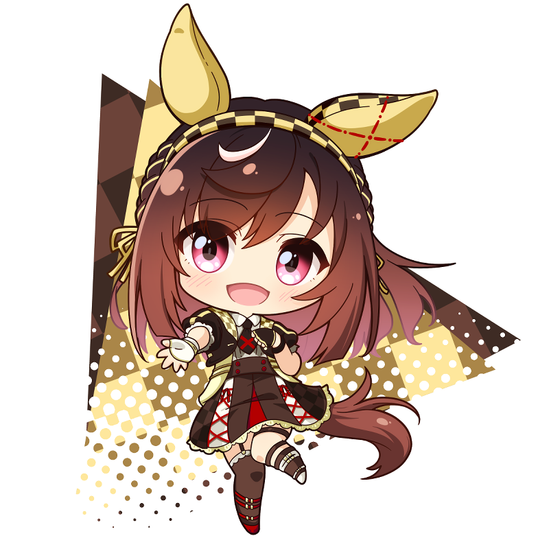 shachoo., buena vista (heroina inocente) (umamusume), buena vista (umamusume), umamusume, commentary request, 1girl, :d, animal ears, asymmetrical footwear, asymmetrical gloves, asymmetrical legwear, black gloves, black jacket, black skirt, brown hair, brown socks, brown thighhighs, checkered hairband, chibi, collared shirt, cropped jacket, fingerless gloves, full body, gloves, hairband, horse ears, horse girl, horse tail, jacket, looking at viewer, mismatched footwear, mismatched gloves, mismatched legwear, open clothes, open jacket, open mouth, red eyes, red shoes, shirt, shoes, skirt, smile, socks, solo, tail, thighhighs, white gloves, white shirt, white shoes