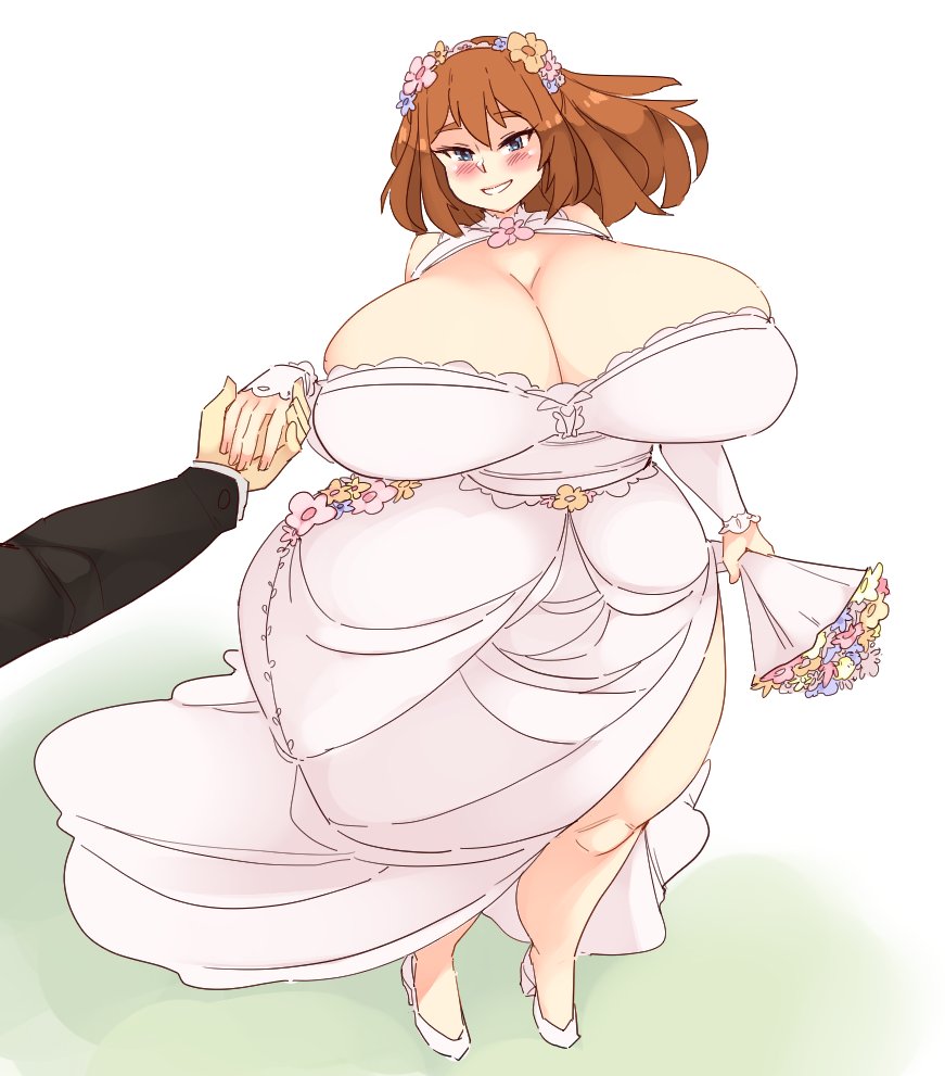 rtil, may (pokemon), nintendo, pokemon, 1boy, 1girl, aged up, bandana, blue eyes, blush, bouquet, breasts, brown hair, cleavage, curvy, dress, female focus, flower, full body, gigantic breasts, holding hands, looking at viewer, short hair, skindentation, speech bubble, thick thighs, thighs, wedding dress, wide hips