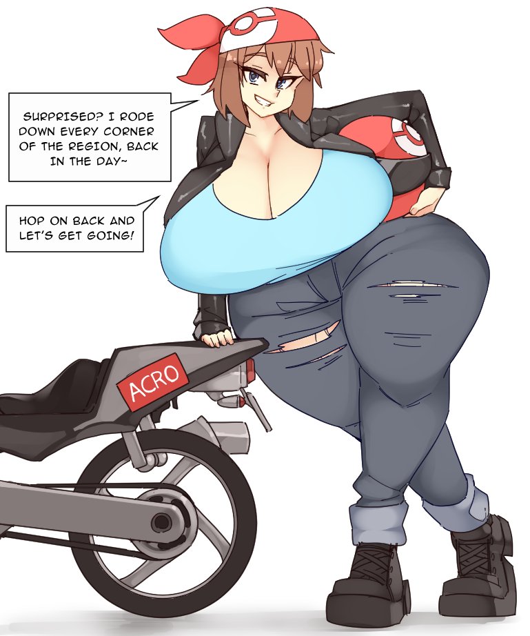 rtil, may (pokemon), nintendo, pokemon, 1girl, aged up, bandana, blue eyes, blush, breasts, brown hair, cleavage, curvy, female focus, full body, gigantic breasts, helmet, looking at viewer, motor vehicle, motorcycle, pants, short hair, solo, speech bubble, thick thighs, thighs, torn clothes, torn pants, wide hips