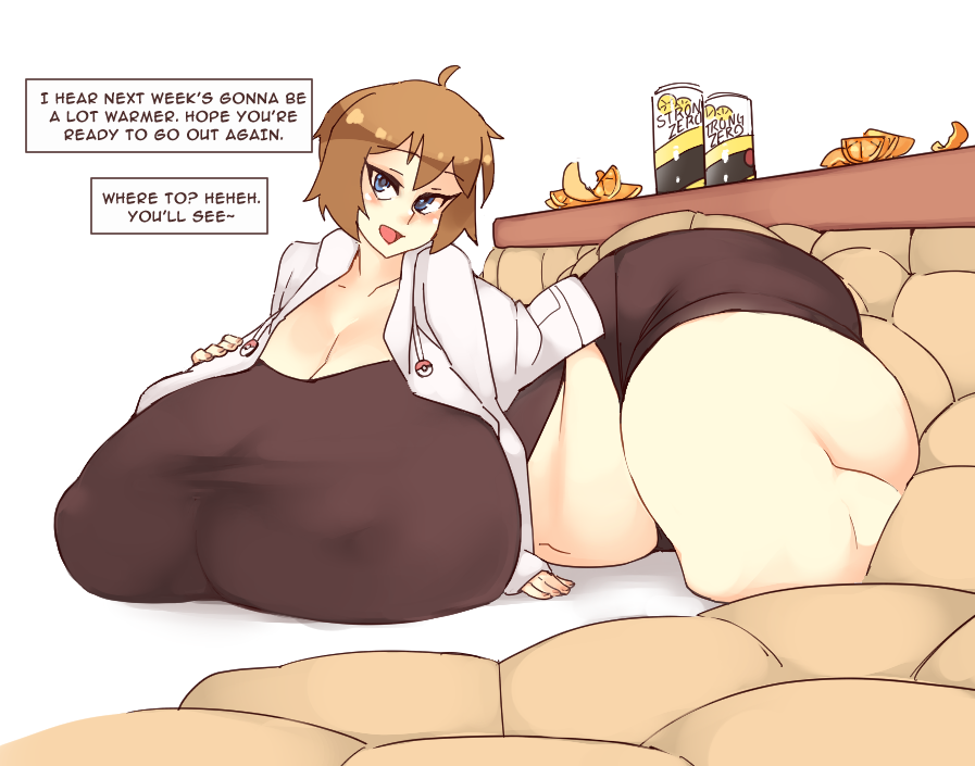 rtil, may (pokemon), nintendo, pokemon, 1girl, aged up, blue eyes, blush, breasts, brown hair, cleavage, curvy, female focus, gigantic breasts, looking at viewer, midriff, plump, short hair, solo, speech bubble, thick thighs, thighs, wide hips