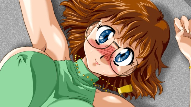 kimura takahiro, on air (game), character request, game cg, source request, 1990s (style), 1girl, :3, armpits, arms up, bare shoulders, blue eyes, blush, breasts, brown hair, covered erect nipples, female focus, glasses, jewelry, large breasts, looking at viewer, lying, necklace, no bra, on back, on floor, retro artstyle, round eyewear, short hair, sideboob, solo