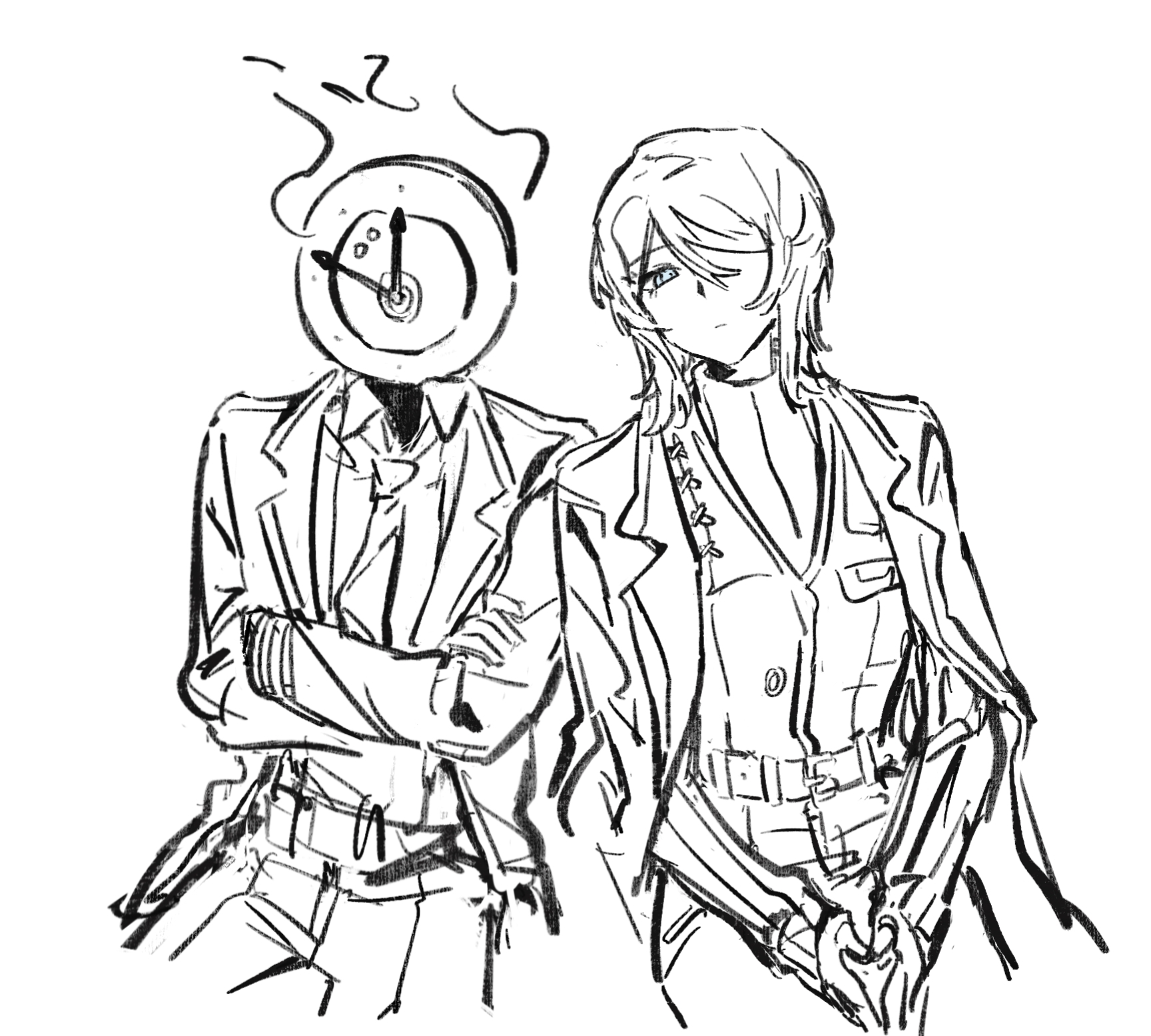 ivy (675671), dante (limbus company), faust (project moon), limbus company, project moon, commentary request, highres, 1girl, 1other, belt, blue eyes, clock, closed mouth, coat, collared shirt, crossed arms, flaming head, greyscale, lapels, looking at viewer, monochrome, notched lapels, object head, pants, ribbed sweater, shirt, short hair, spot color, sweater, turtleneck, turtleneck sweater, vest