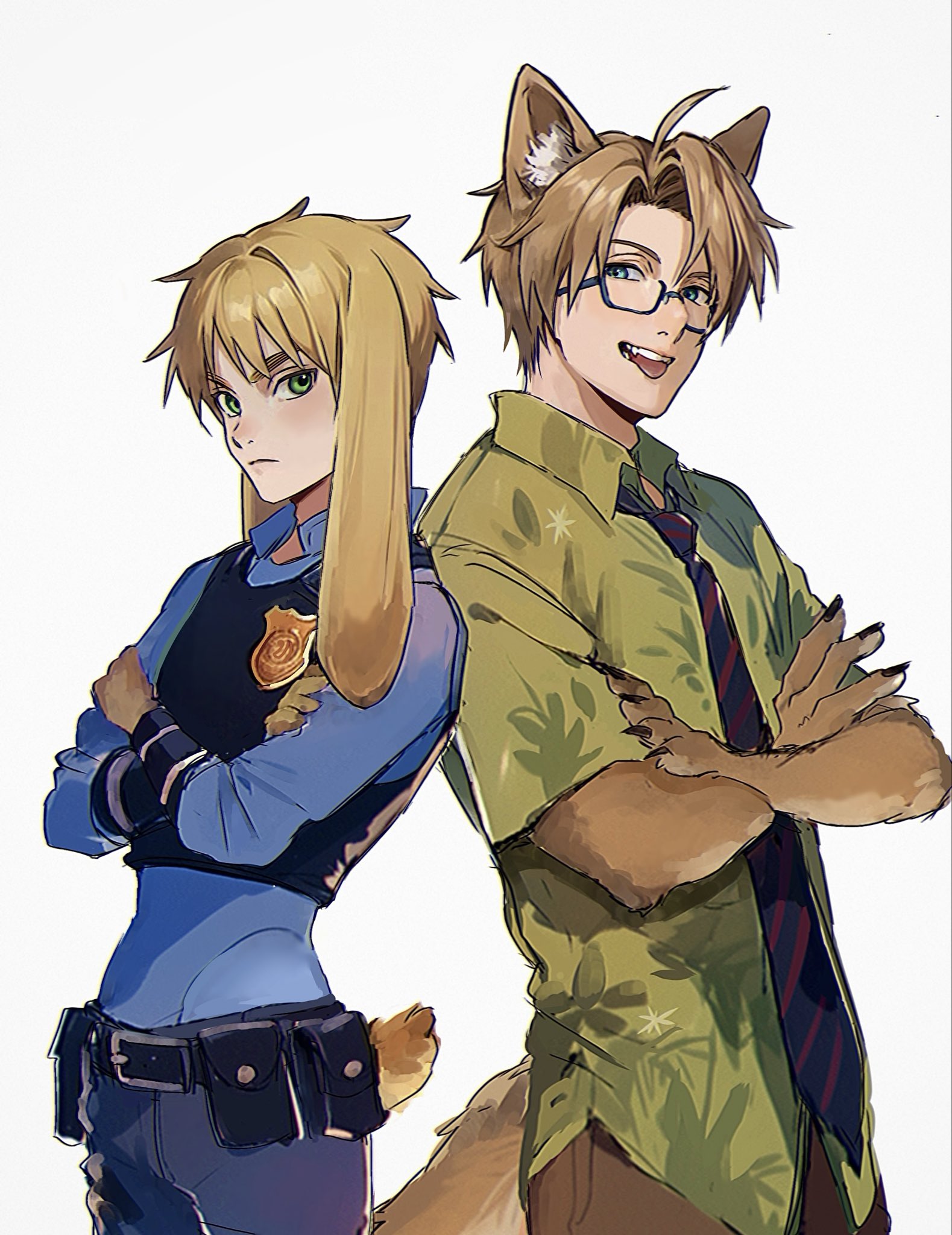 en llll, america (hetalia), judy hopps, nick wilde, united kingdom (hetalia), axis powers hetalia, zootopia, commentary request, highres, 2boys, ahoge, animal ear fluff, animal ears, belt, black-framed eyewear, black belt, black necktie, black vest, blonde hair, blue eyes, blue pants, blue shirt, brown fur, brown hair, brown pants, claws, closed mouth, collared shirt, cosplay, cowboy shot, crossed arms, crossover, fang, fox ears, fox tail, glasses, green eyes, green shirt, hawaiian shirt, judy hopps (cosplay), kemonomimi mode, leaf print, long sleeves, looking at viewer, male focus, multiple boys, necktie, nick wilde (cosplay), open mouth, pants, pocket, police, police badge, police uniform, rabbit ears, rabbit tail, semi-rimless eyewear, shirt, short hair, short sleeves, simple background, smile, standing, striped necktie, tail, teeth, tongue, tongue out, v-shaped eyebrows, vest, white background