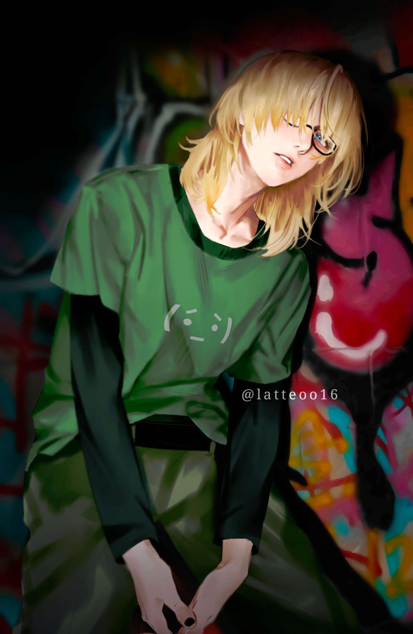 armin arlert, shingeki no kyojin, commentary, highres, symbol-only commentary, 1boy, belt, black belt, blonde hair, blue eyes, glasses, green pants, green shirt, latteoo16, layered sleeves, lips, long sleeves, looking at viewer, male focus, nose, pants, parted lips, rectangular eyewear, shirt, short over long sleeves, short sleeves, solo, teeth, twitter username