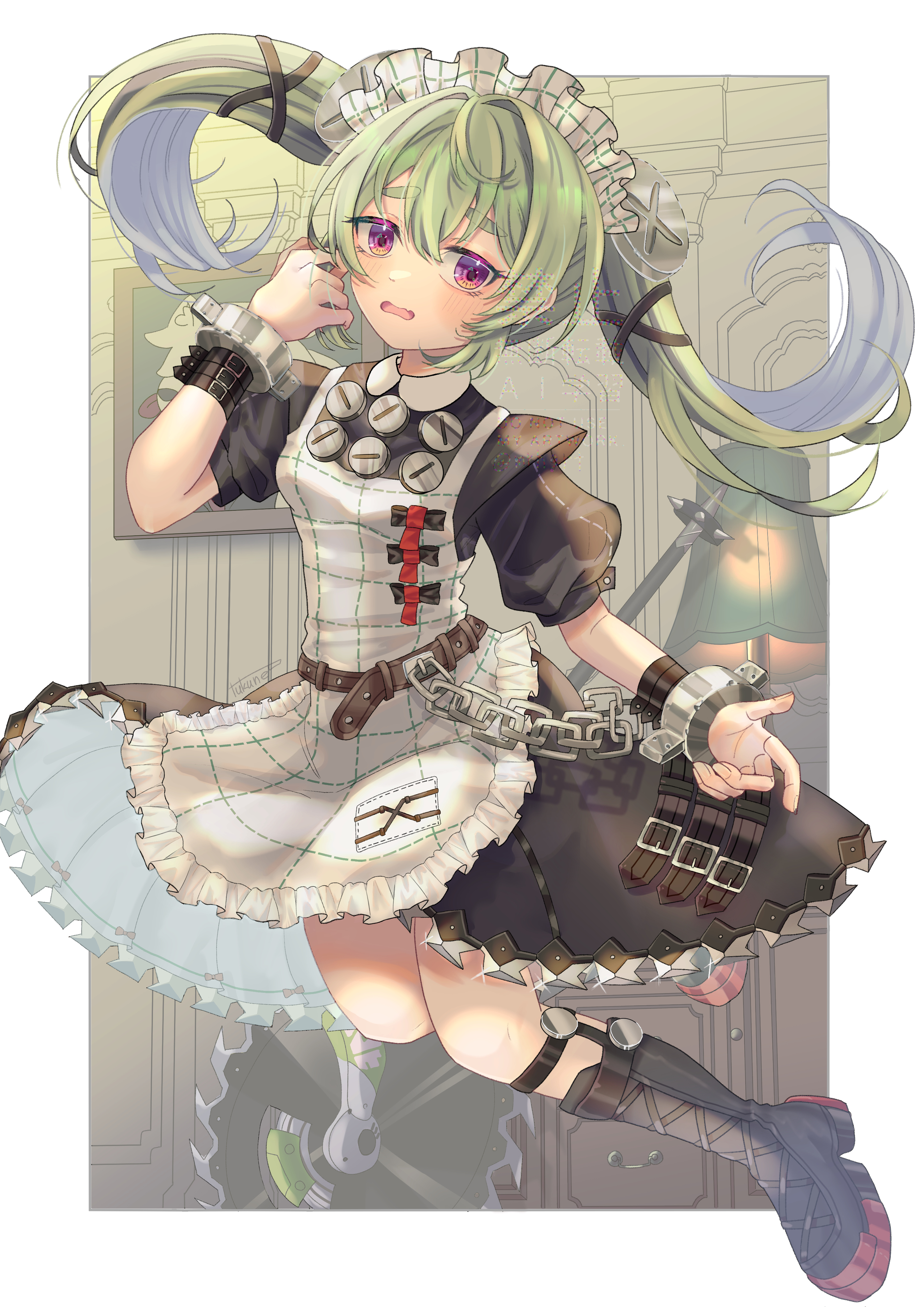 corin wickes, zenless zone zero, absurdres, commentary request, highres, 1girl, belt, black boots, black dress, boots, breasts, chain, circular saw, cuffs, dress, fang, fingernails, full body, knee boots, lamp, long hair, maid, maid headdress, mrhgrt, open mouth, painting (object), puffy short sleeves, puffy sleeves, purple eyes, saw, screw hair ornament, short sleeves, skin fang, solo, twintails