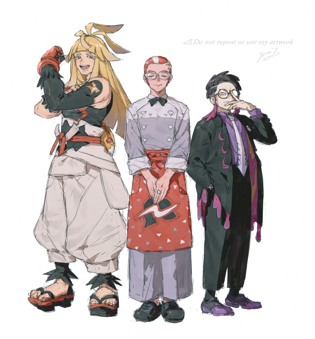 91007, corbeau (pokemon), grisham (pokemon), ivor (pokemon), nintendo, pokemon, pokemon legends: z-a, commentary request, highres, 3boys, apron, arm up, arms up, belt, black-framed eyewear, black bow, black bowtie, black shoes, blonde hair, blunt bangs, bow, bowtie, closed eyes, coat, collared shirt, colored eyelashes, detached sleeves, glasses, gloves, grey jacket, hand in pocket, jacket, layered sleeves, long hair, long sleeves, looking at viewer, male focus, multicolored hair, multiple boys, necktie, open mouth, own hands together, pants, parted hair, purple shirt, red apron, red belt, red gloves, red hair, round eyewear, sandals, shirt, shirt tucked in, shoes, short hair, sketch, smile, standing, streaked hair, two-sided coat, two-sided fabric, watermark, white-framed eyewear, white background, white hair, white necktie, white pants, wing collar
