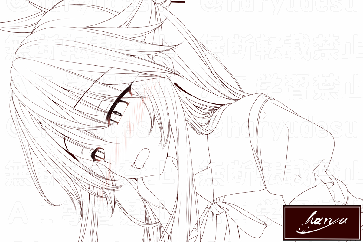 haryuu (poetto), chloe von einzbern, fate/kaleid liner prisma illya, fate (series), commentary request, 1girl, blush, bow, collared shirt, hair between eyes, monochrome, nose blush, open mouth, puffy short sleeves, puffy sleeves, shirt, short sleeves, signature, simple background, solo, upper body, watermark, white background