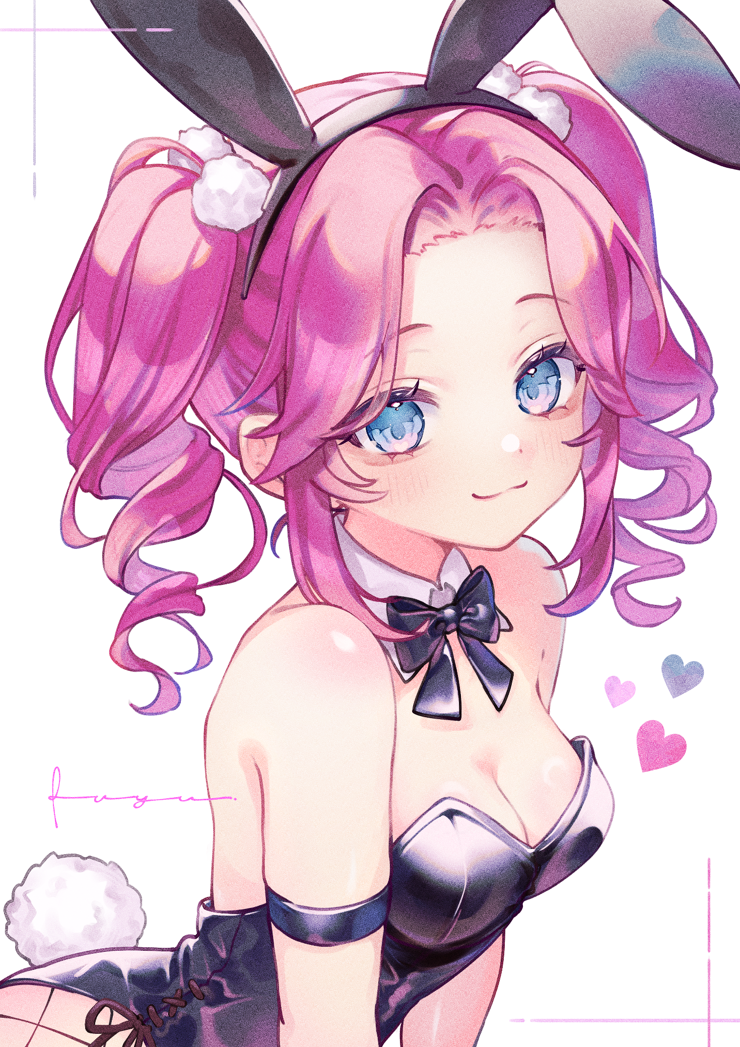fuyu (xxfylia), shikoku metan, voicevox, clip studio paint (medium), commentary request, highres, 1girl, animal ears, bare shoulders, black bow, black hairband, black leotard, blue eyes, bow, breasts, cleavage, closed mouth, collar, detached collar, fake animal ears, fishnet pantyhose, fishnets, forehead, hairband, heart, leotard, looking at viewer, medium breasts, pantyhose, parted bangs, pink hair, playboy bunny, rabbit ears, rabbit tail, ringlets, simple background, smile, solo, strapless, strapless leotard, tail, twintails, white background, white collar, wing collar