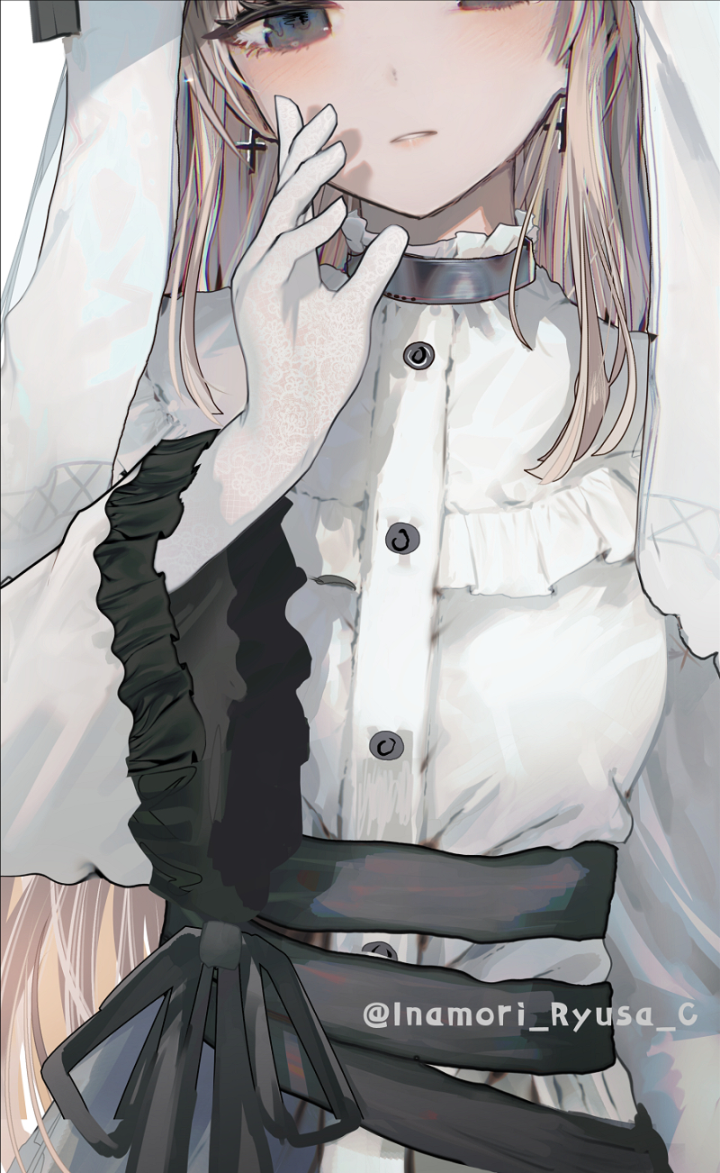 inamori ryusa, hikami meruru, mahou shoujo no majo saiban, commentary request, highres, 1girl, black ribbon, blonde hair, cross, cross earrings, dress, earrings, frilled sleeves, frills, gloves, grey eyes, hand up, jewelry, long hair, long sleeves, looking at viewer, parted lips, priestess, ribbon, sash, solo, twitter username, upper body, veil, white dress, white gloves, white veil