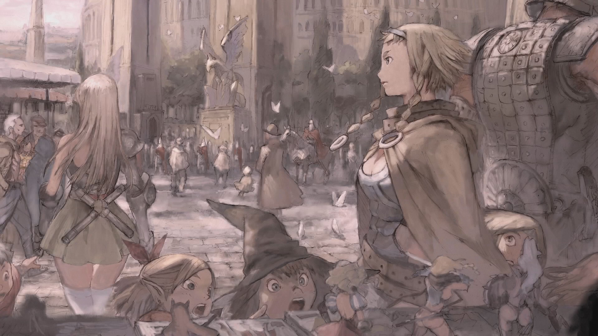 hmsboy, exiled warrior leina, leina (queen's blade), queen's blade, highres, official art, 00s, 6+boys, 6+girls, armor, braid, buckle, cape, child, crowd, horse, multiple boys, multiple girls, road, skirt, street