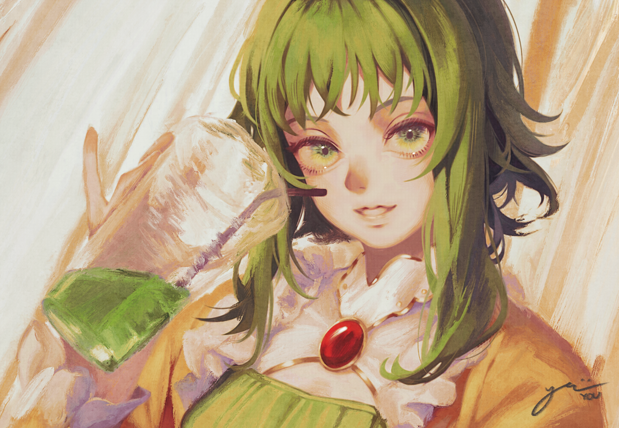 saik you, gumi, gumi (v3 megpoid), vocaloid, highres, 1girl, cup, drink, drinking straw, green eyes, green hair, holding, jacket, looking at viewer, melon soda, orange jacket, short hair with long locks, signature, smile, solo