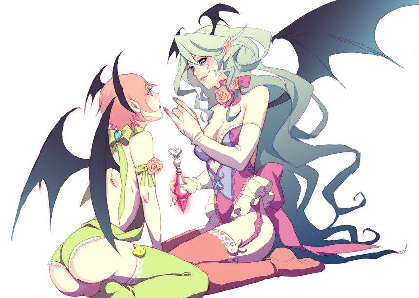 ueda toraji, lilith (darkstalkers), morrigan aensland, capcom, darkstalkers, bad id, bad pixiv id, 2girls, ass, bat wings, blue nails, blush, corset, demon girl, elbow gloves, garter belt, gloves, green hair, head wings, kneeling, long hair, multiple girls, nail polish, pink hair, pointy ears, potion, thighhighs, wings