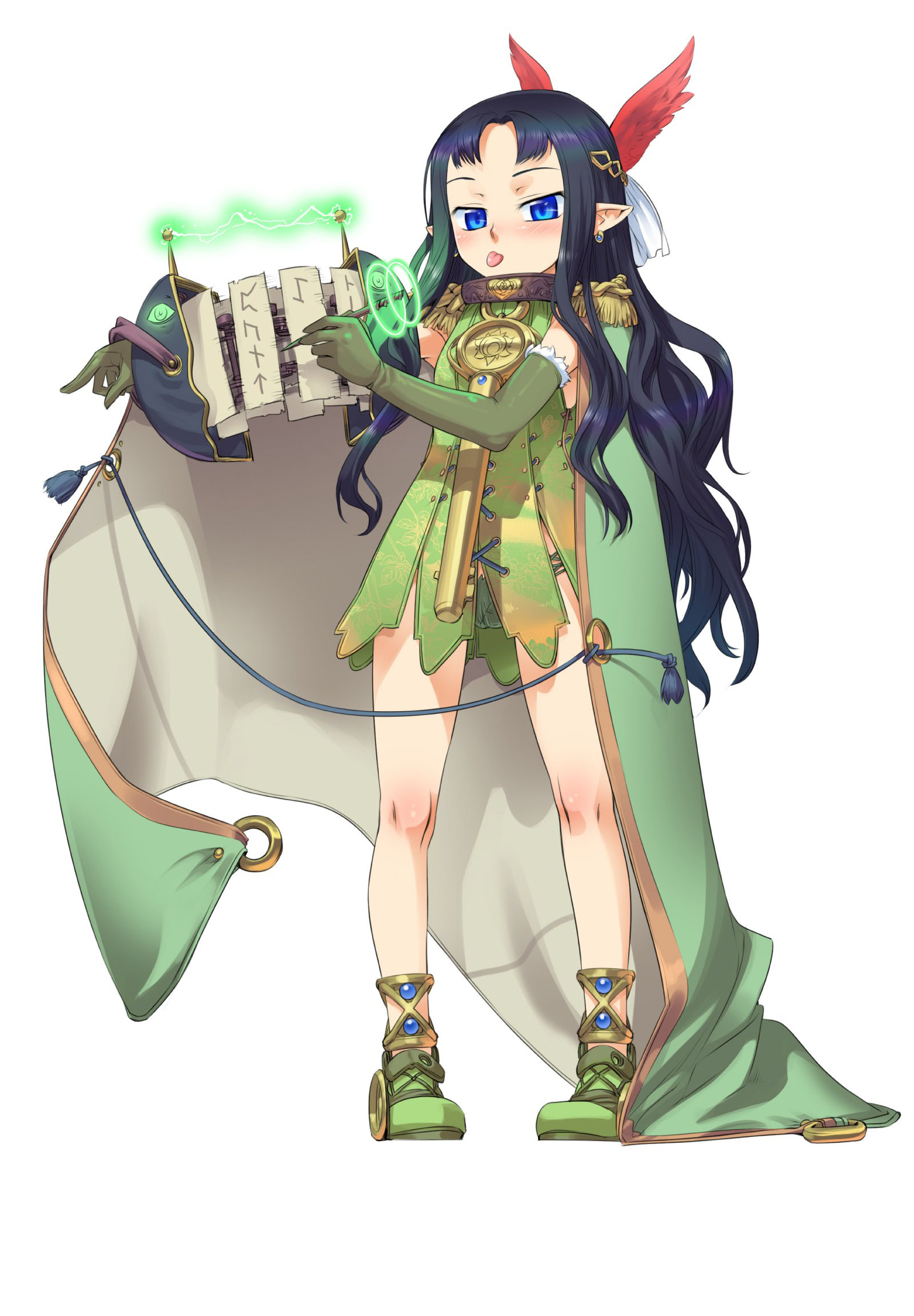 koume keito, yuit (queen's blade), queen's blade, queen's blade rebellion, highres, 00s, 10s, 1girl, anklet, bikini, blue eyes, blue hair, blush, cape, earrings, elbow gloves, female focus, flat chest, gloves, jewelry, leaf bikini, loli, long hair, matching hair/eyes, pen, pointy ears, solo, tongue, writing