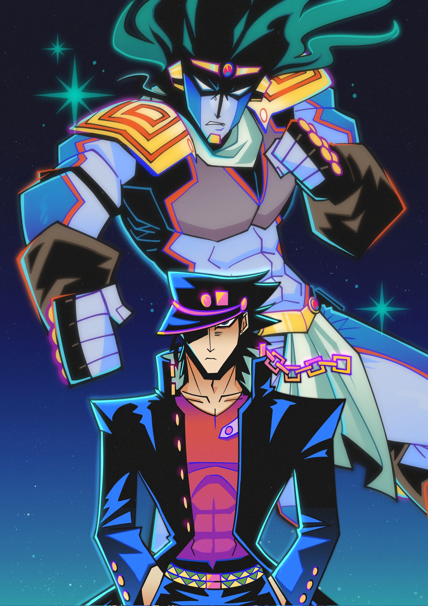 kuujou joutarou, star platinum, jojo no kimyou na bouken, stardust crusaders, commentary, highres, symbol-only commentary, 2boys, abs, arms up, belt, black coat, black hair, black hat, black pants, buttoned cuffs, buttons, clenched hand, closed mouth, coat, collarbone, collared coat, colored skin, covered abs, cowboy shot, crew neck, frown, hand in pocket, hat, looking at viewer, male focus, midriff, multiple boys, one eye covered, pants, parted lips, popped collar, red shirt, shirt, shirt tucked in, short hair, stand (jojo), yareyaredaj