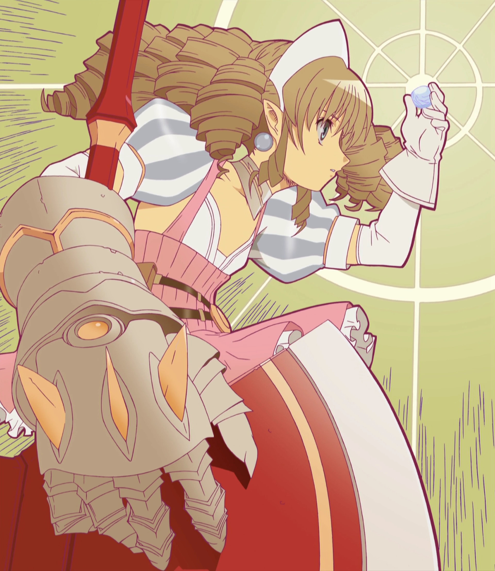 iron princess ymir, ymir (queen's blade), queen's blade, highres, 00s, 1girl, armor, armored dress, blue eyes, dress, drill hair, earrings, female focus, flat chest, gauntlets, hairband, jewelry, pointy ears, solo