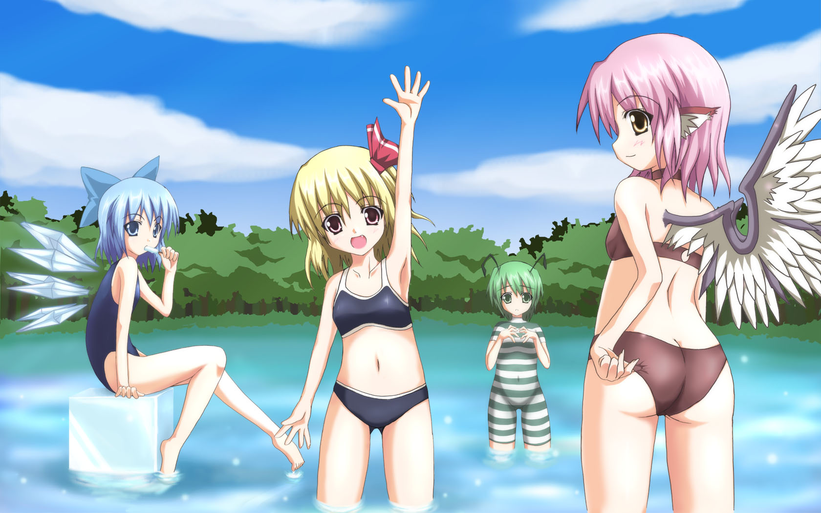 sakai (pixiv), cirno, mystia lorelei, rumia, wriggle nightbug, touhou, bad id, bad pixiv id, highres, 4girls, antennae, armpits, ass, barefoot, bikini, blonde hair, bodysuit, butt crack, day, food, ice, multiple girls, one-piece swimsuit, popsicle, red eyes, sitting, swimsuit, team 9 (touhou), wading, water, wings