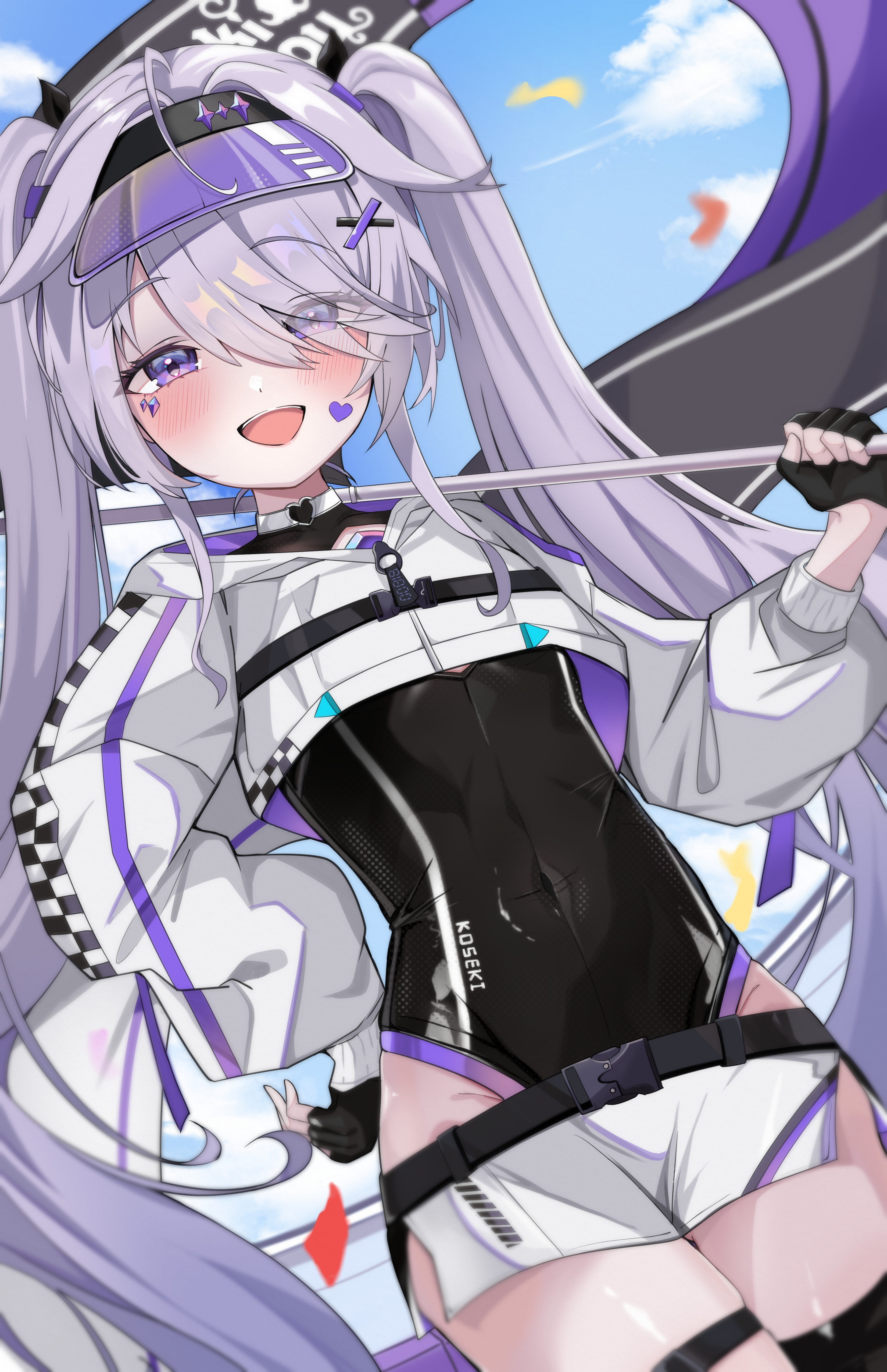 castellayaki, koseki bijou, hololive, hololive english, absurdres, commentary, english commentary, highres, 1girl, :d, ahoge, asymmetrical legwear, belt, black gloves, black leotard, blue sky, chest jewel, choker, cloud, cropped jacket, english text, fingerless gloves, gloves, hair ornament, hand on own hip, heart, heart choker, holding, jewel under eye, leotard, light blush, long hair, long sleeves, looking at viewer, official alternate hairstyle, open mouth, puffy sleeves, purple eyes, purple hair, race queen, short shorts, shorts, sky, smile, twintails, very long hair, virtual youtuber, visor cap, white choker, x hair ornament
