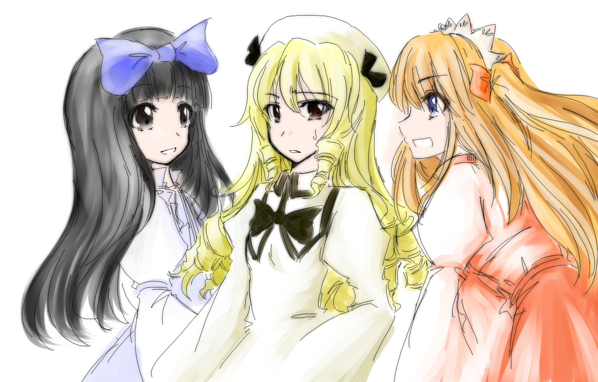 milksea, luna child, star sapphire, sunny milk, perfect memento in strict sense, touhou, 3girls, aged up, alternate hairstyle, black eyes, black hair, blonde hair, blue eyes, brown eyes, female focus, long hair, multiple girls, orange hair
