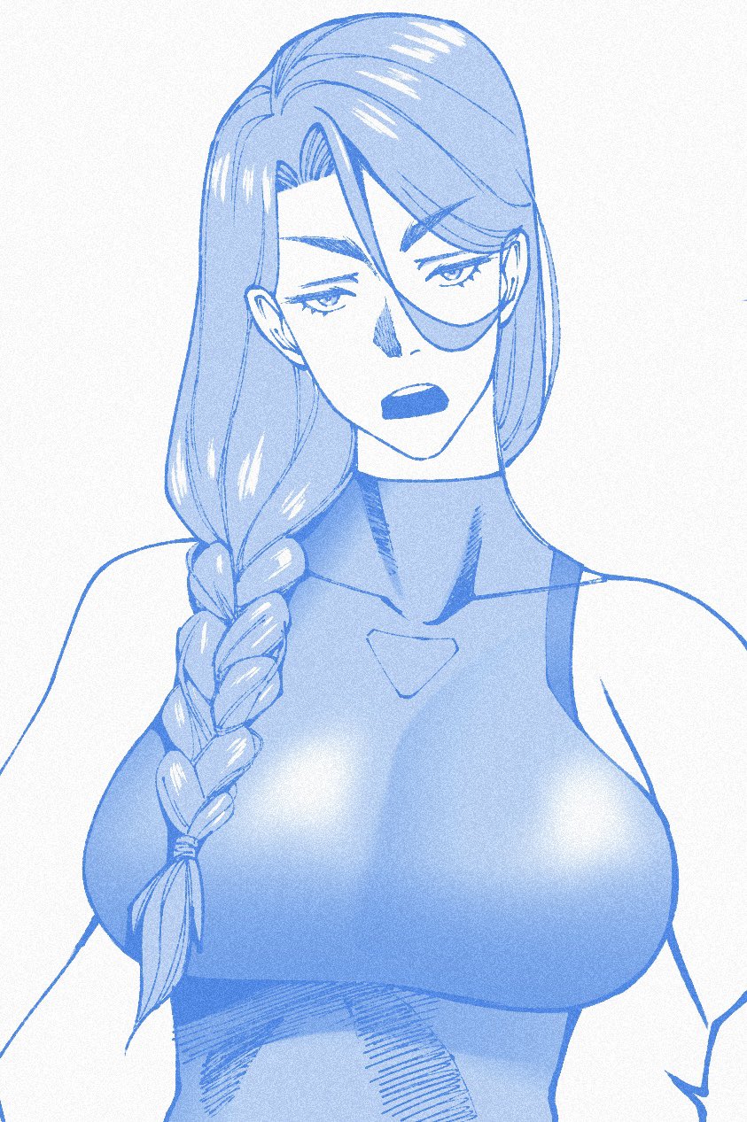 studionice2011, original, commentary, english commentary, highres, 1girl, blue theme, braid, breasts, hair between eyes, josephine jonouichi, large breasts, long hair, looking at viewer, monochrome, one-piece swimsuit, open mouth, serious, single braid, solo, swimsuit, upper body