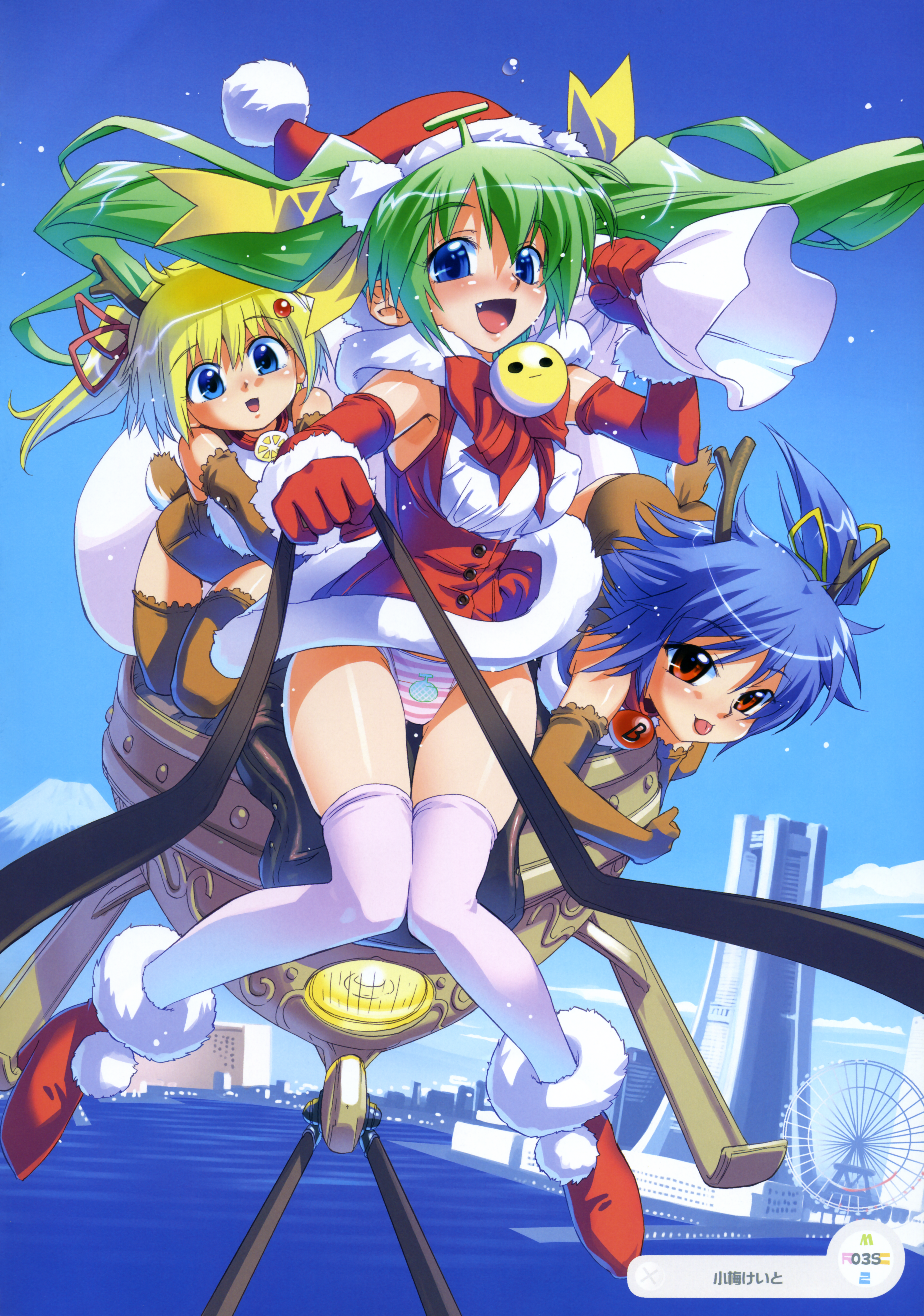 koume keito, black lemon-chan, lemon-chan, melon-chan, melonbooks, brown legwear, white legwear, absurdres, highres, huge filesize, 3girls, :p, animal costume, antlers, bare shoulders, blonde hair, blue eyes, blue hair, boots, bow, breasts, choker, christmas, city, covered erect nipples, elbow gloves, fang, food, food print, fruit, gloves, green hair, hair ribbon, hat, horns, lemon, long hair, medium breasts, multiple girls, orange eyes, panties, print panties, reindeer costume, ribbon, sack, santa costume, santa hat, sleigh, striped clothes, striped panties, tail, thighhighs, tongue, tongue out, twintails, underwear, yellow bow