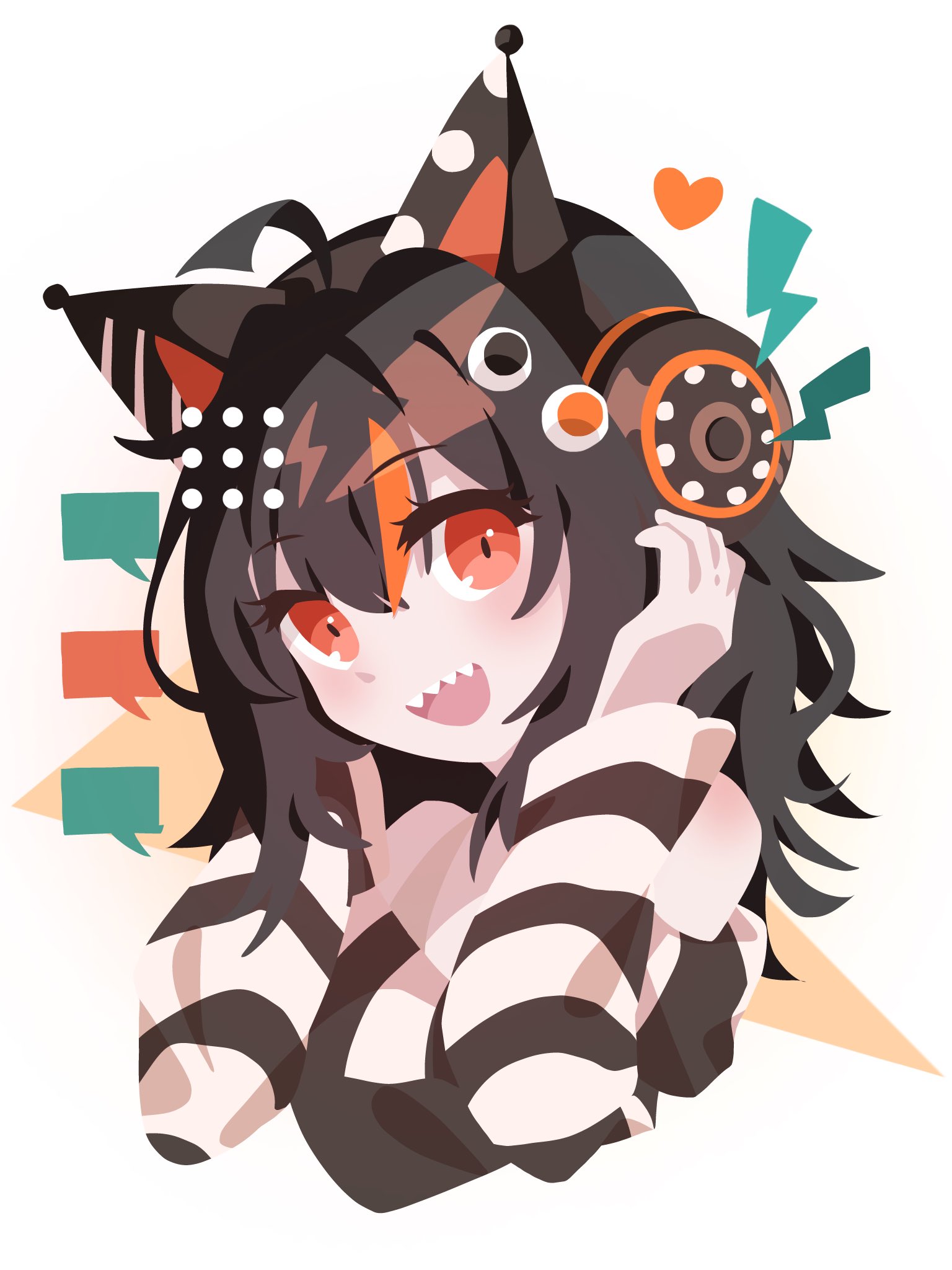 sawatari coco, mahou shoujo no majo saiban, commentary request, highres, 1girl, :d, ahoge, animal ear headphones, animal ears, black hair, cat ear headphones, cat ears, cropped torso, fake animal ears, hands up, headphones, long sleeves, looking at viewer, multicolored hair, open mouth, orange eyes, otomebakudan, sharp teeth, smile, solo, speech bubble, streaked hair, teeth, upper body, white background
