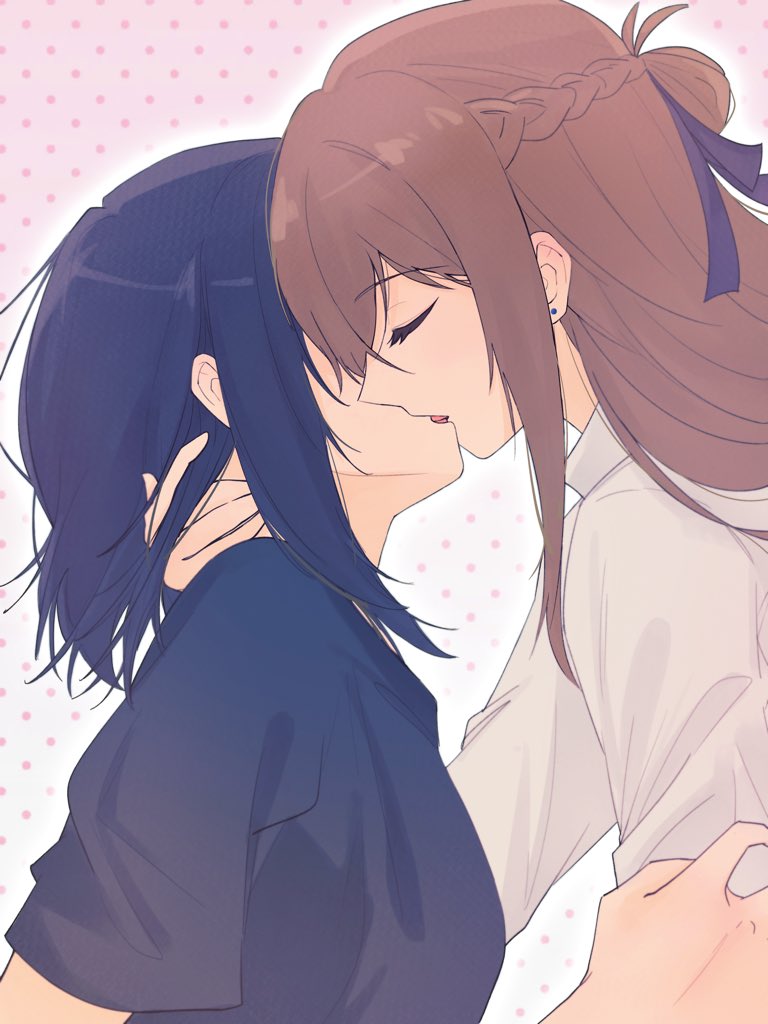 miyagi shiori, sendai hazuki, shuuniichido classmate wo kau hanashi, commentary, hashtag-only commentary, 2girls, blue ribbon, blue shirt, braid, brown hair, closed eyes, earrings, french kiss, hair ribbon, half up braid, hand in another's hair, jewelry, kiss, long hair, medium hair, mim120809, multiple girls, polka dot, polka dot background, ribbon, shirt, short sleeves, stud earrings, upper body, white shirt, yuri