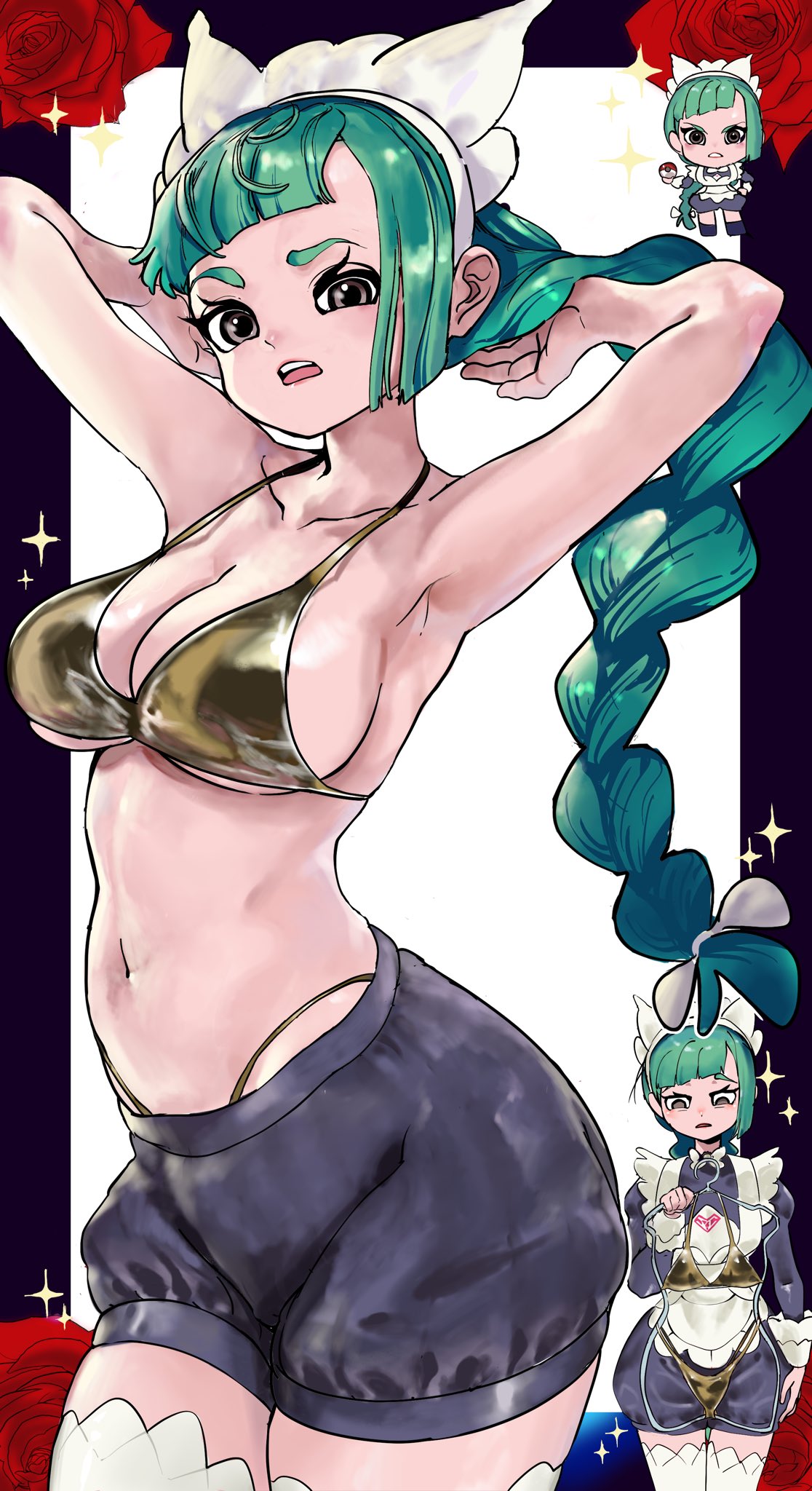sukoyaka tsukasa, lebanne (pokemon), nintendo, pokemon, pokemon legends: z-a, commentary, highres, apron, armpits, bare shoulders, bikini, bikini top only, black romper, black shorts, blunt bangs, bow, bowtie, braid, braided ponytail, breasts, brown eyes, chibi, cleavage, clothes hanger, collarbone, flower, gold bikini, green hair, holding, holding clothes hanger, holding poke ball, juliet sleeves, large breasts, long braid, long hair, long sleeves, maid, maid apron, maid headdress, navel, open mouth, panty straps, poke ball, poke ball (basic), puffy sleeves, romper, rose, shorts, sparkle, stomach, swimsuit, thighhighs, tsurime, white bow, white bowtie, white thighhighs