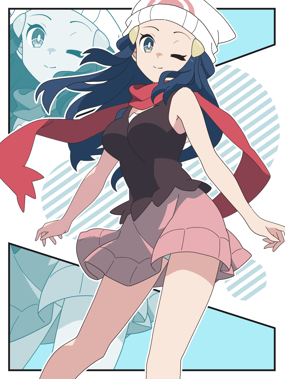 kanbei (pixiv11037490), dawn (pokemon), nintendo, pokemon, pokemon dppt, commentary request, highres, 1girl, beanie, blue hair, breasts, cowboy shot, grey eyes, hat, long hair, looking at viewer, medium breasts, miniskirt, one eye closed, panties, pantyshot, pink skirt, red scarf, scarf, shirt, skirt, sleeveless, sleeveless shirt, solo, thighs, underwear, white hat, zoom layer