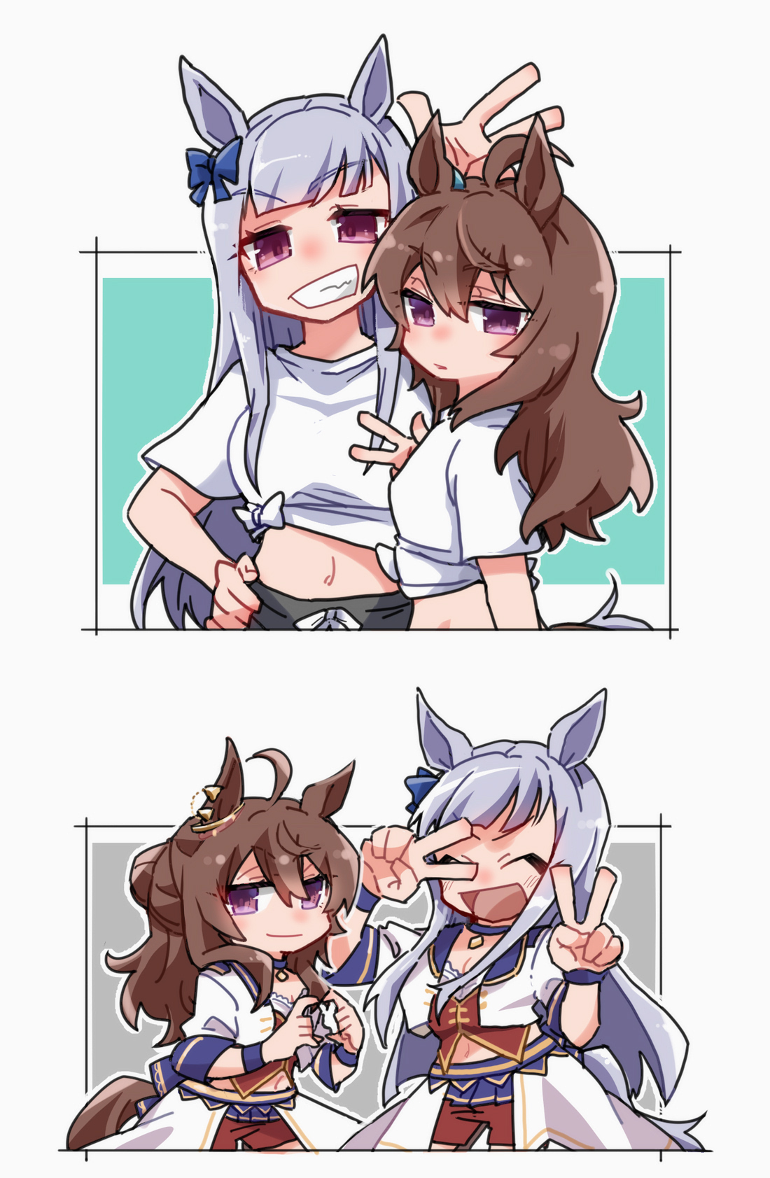 beer hsk, gold ship (umamusume), nakayama festa (umamusume), umamusume, commentary request, highres, 2girls, :d, ^ ^, ahoge, animal ears, blue bow, blue choker, bow, breasts, brown hair, choker, cleavage, closed eyes, closed mouth, ear bow, gaze on me! outfit (umamusume), grey hair, grin, hair between eyes, horse ears, horse girl, horse tail, long hair, medium breasts, multiple girls, open mouth, purple eyes, red eyes, shirt, smile, starting future (umamusume), tail, tied shirt, v, v over eye, very long hair, white shirt