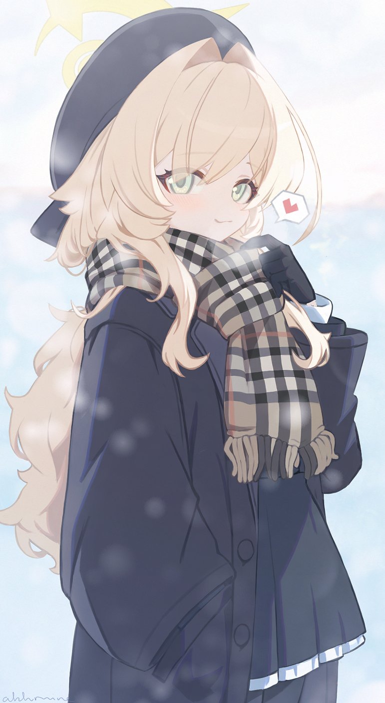 anocco, professor niyaniya (blue archive), blue archive, fluffy hair, highres, 1girl, beret, black gloves, black hat, black pantyhose, black skirt, blonde hair, blush, coat, cowboy shot, frilled skirt, frills, from side, gloves, green eyes, hair intakes, halo, hand in pocket, hand up, hat, heart, long hair, long sleeves, looking at viewer, open clothes, open coat, pantyhose, plaid clothes, plaid scarf, scarf, skirt, smile, snowing, solo, spoken heart, wavy mouth, winter clothes, winter coat, yellow halo