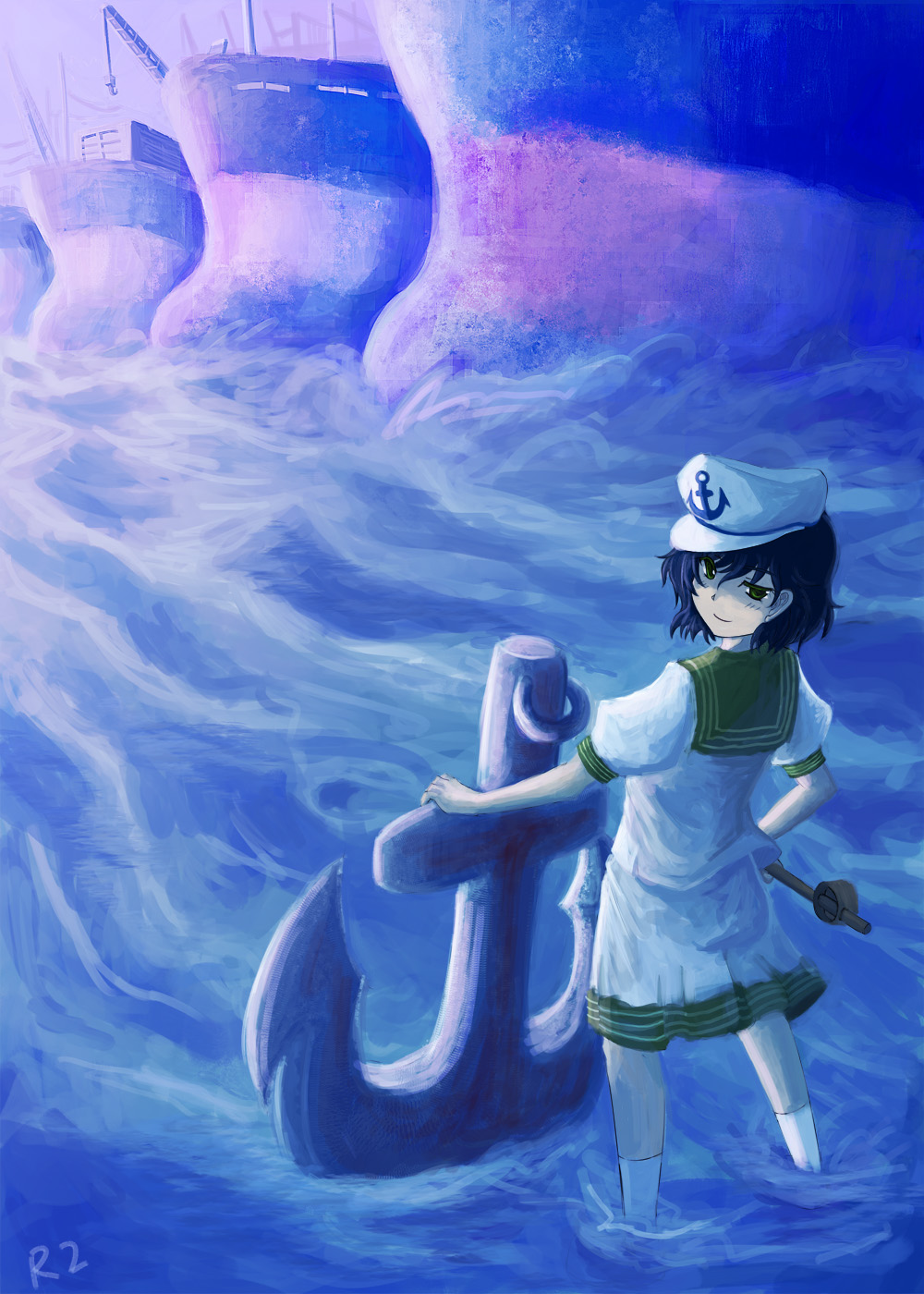 r2sais, murasa minamitsu, touhou, bad id, bad pixiv id, highres, 1girl, anchor, blue hair, female focus, ghost, green eyes, hat, hishaku, ladle, outdoors, sailor, sailor hat, ship, smirk, solo, watercraft