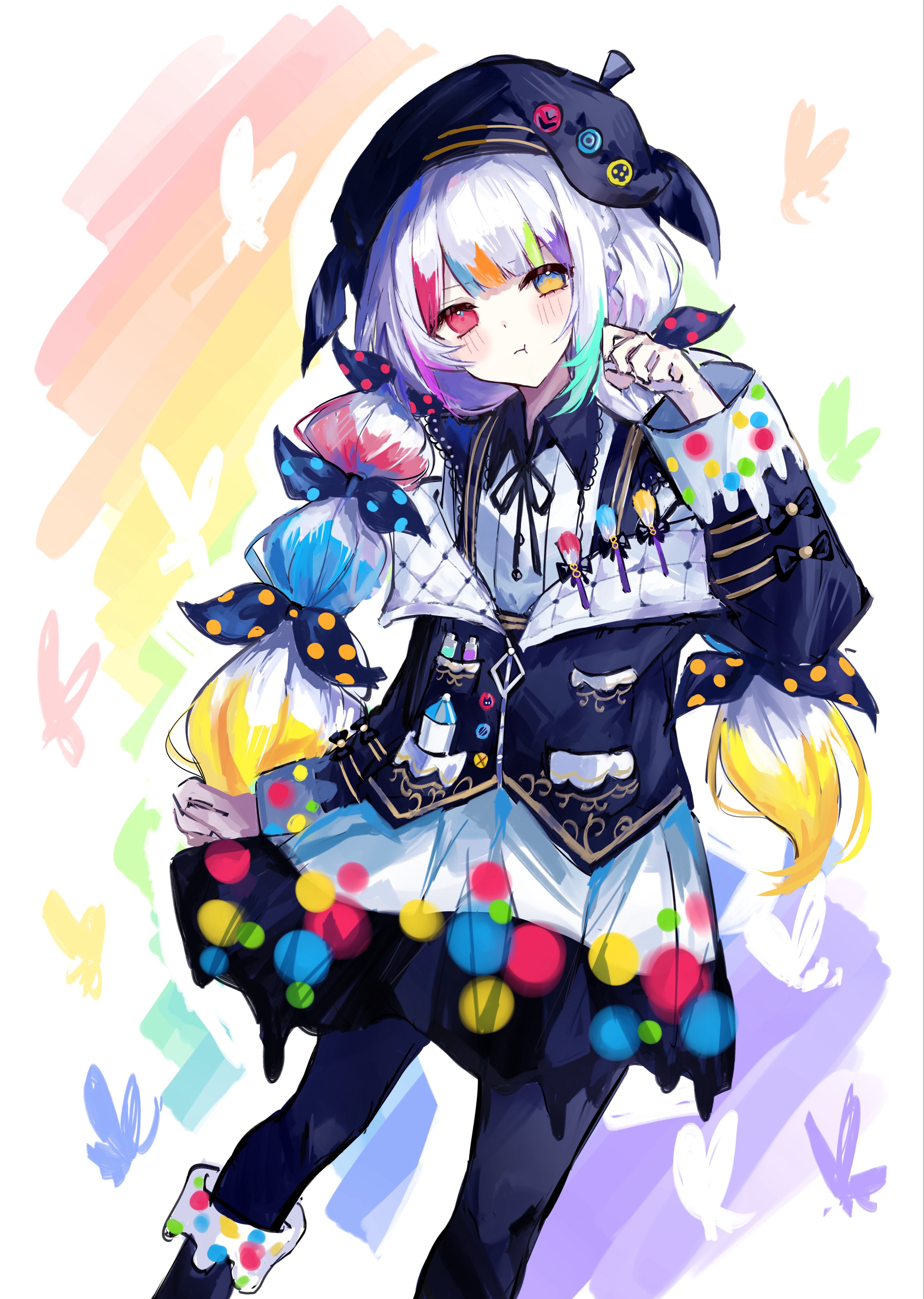jogasaki noah, mahou shoujo no majo saiban, absurdres, commentary, highres, symbol-only commentary, 1girl, :t, beret, black jacket, black pantyhose, black skirt, bow, bug, butterfly, closed mouth, feet out of frame, hat, heterochromia, higasa (hikasaaawa), insect, jacket, long hair, long sleeves, looking at viewer, multi-tied hair, multicolored hair, neck ribbon, paintbrush, pantyhose, pink eyes, polka dot, polka dot bow, pout, ribbon, skirt, solo, streaked hair, white hair, yellow eyes