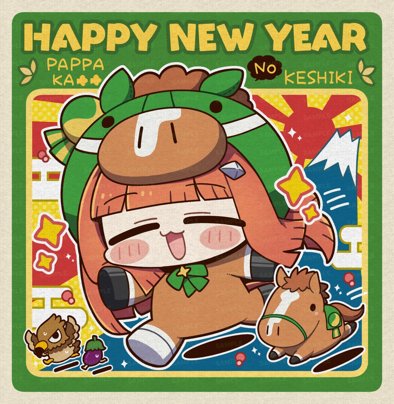 marimarimo, silence suzuka (umamusume), umamusume, commentary request, highres, 1girl, :3, :d, animal costume, bird, blunt bangs, blush stickers, bow, bowtie, chibi, chibi only, closed eyes, eagle, eggplant, full body, green bow, green bowtie, horse costume, long hair, open mouth, orange hair, outline, smile, solo, sparkle, white outline