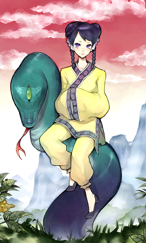hitowa, black hair, blush, braid, chinese clothes, cloud, double bun, flats, hair bun, long sleeves, monster, mountain, purple eyes, sky, sleeves past wrists, snake, solo, twin braids