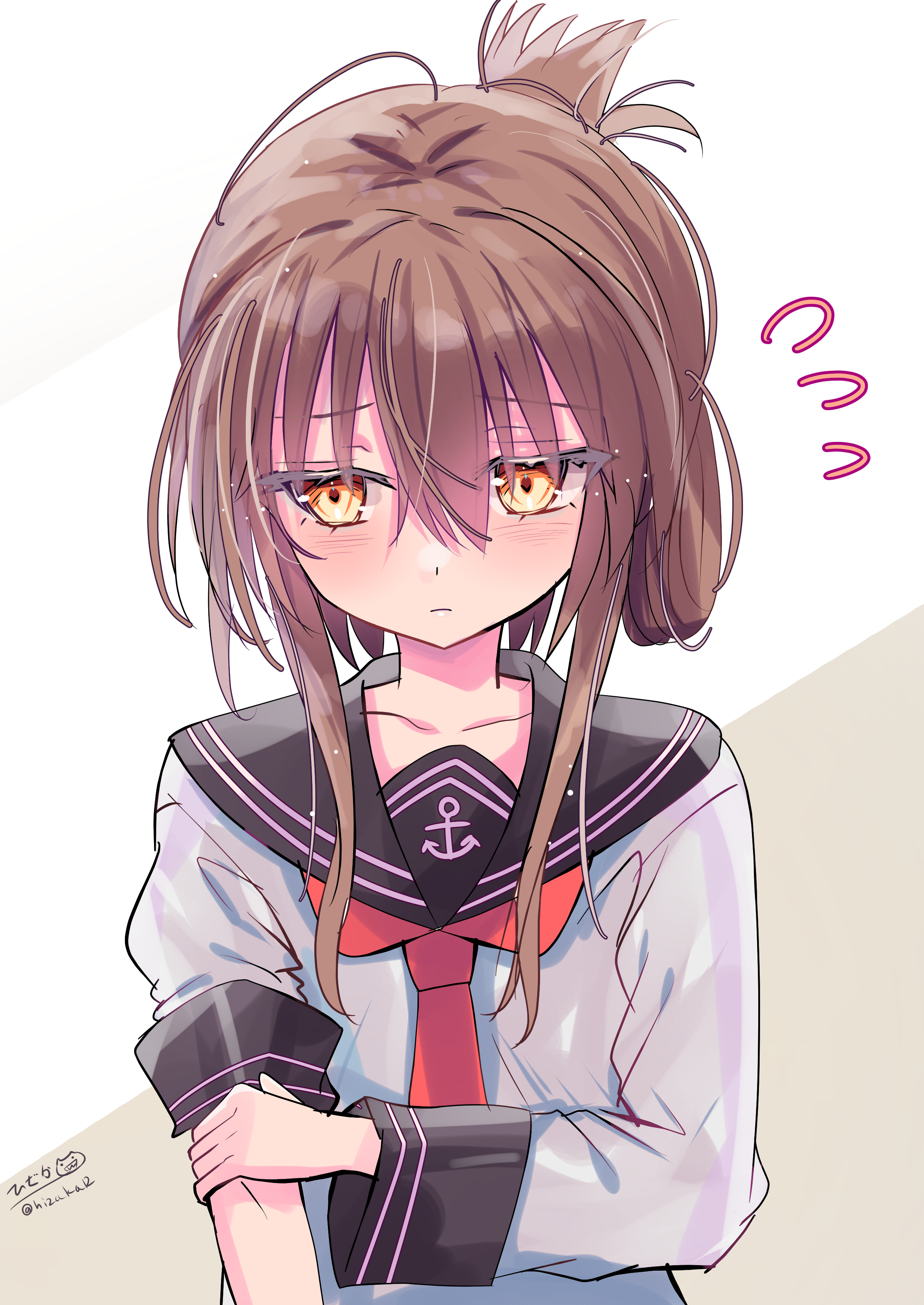 hizaka, inazuma (kancolle), kantai collection, absurdres, commentary request, highres, 1girl, anchor symbol, black sailor collar, blush, brown background, brown eyes, brown hair, embarrassed, folded ponytail, hair ornament, hairclip, long hair, long sleeves, neckerchief, red neckerchief, sailor collar, school uniform, serafuku, solo, upper body, white background