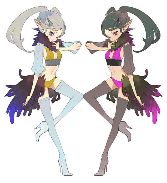 hitowa, original, blue footwear, silver hair, 2girls, bikini, boots, flat chest, green hair, horns, legs, long hair, multiple girls, pointy ears, swimsuit, thigh boots, thighhighs, twintails