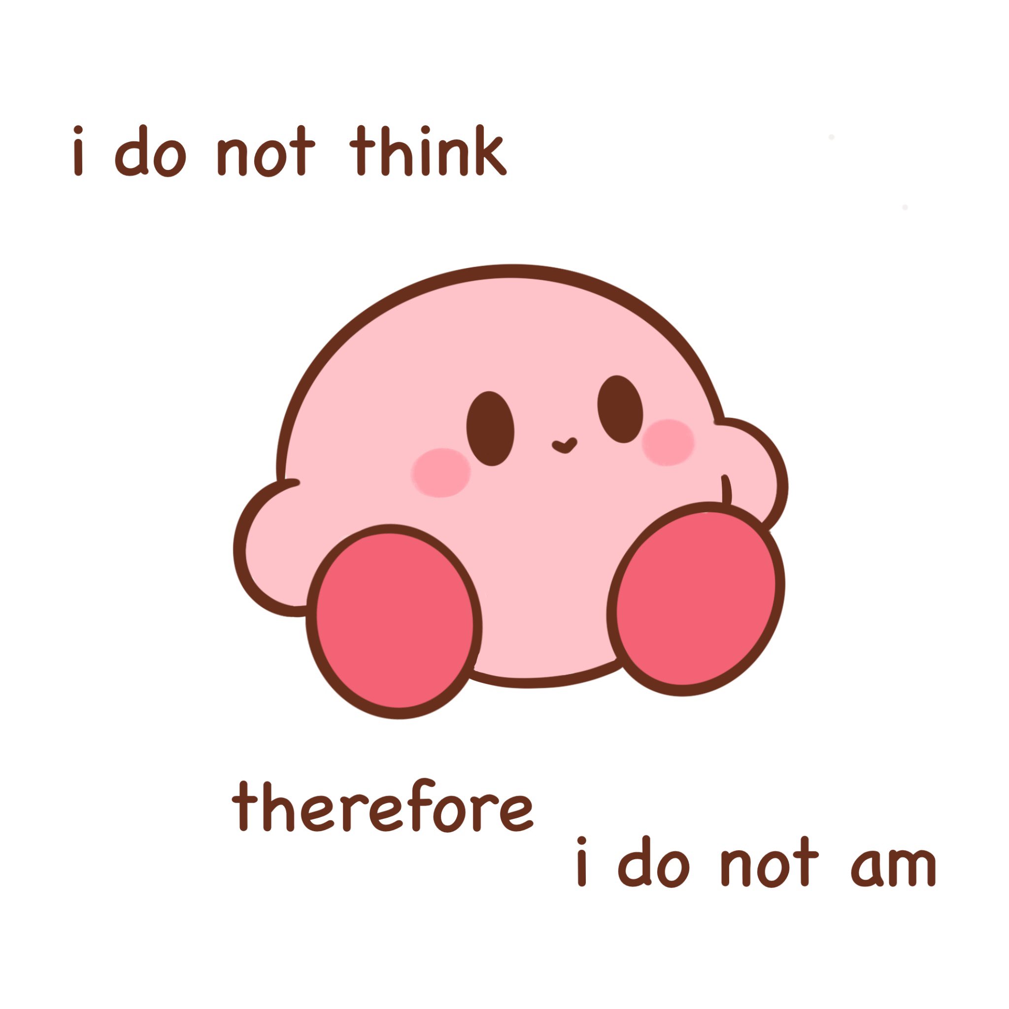 jenny (jennybunni), kirby, kirby (series), nintendo, highres, :>, black eyes, blush stickers, closed mouth, colored skin, english text, full body, invisible chair, no humans, pink skin, simple background, sitting, smile, solo, white background