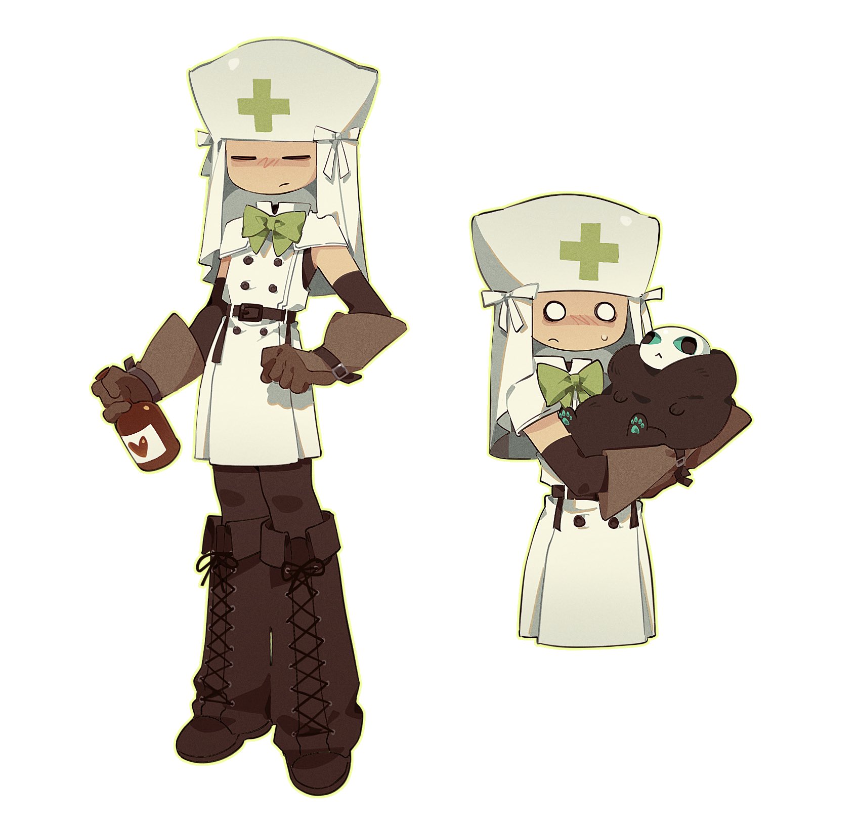 roblox, commentary request, highres, korean commentary, 1girl, air zizon, belt, boots, bow, bowtie, brown belt, brown boots, brown gloves, brown pantyhose, capelet, caretaker (die of death), die of death, dress, gloves, green bow, green bowtie, holding potion, multiple views, pantyhose, pursuer (die of death), ribbon, simple background, veil, white background, white capelet, white dress, white ribbon, white veil