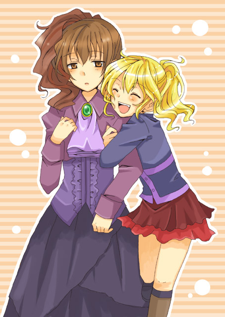 mini mamu, ushiromiya jessica, ushiromiya natsuhi, umineko no naku koro ni, bad id, bad pixiv id, 00s, 2girls, age difference, arm hug, artistic error, blonde hair, blush, brown eyes, brown hair, closed eyes, dress, family bonding, kneehighs, mother and daughter, multiple girls, ponytail, simple background, skirt, socks, sparkle