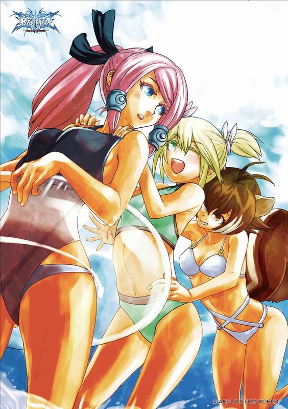 makoto nanaya, noel vermillion, tsubaki yayoi, arc system works, blazblue, blazblue: continuum shift, artist request, official art, 3girls, animal ears, bikini, blonde hair, blush, brown hair, grin, innertube, laughing, long hair, multiple girls, one-piece swimsuit, one eye closed, pink hair, ponytail, red hair, smile, squirrel, squirrel ears, squirrel tail, swim ring, swimsuit, tail, twintails, wink