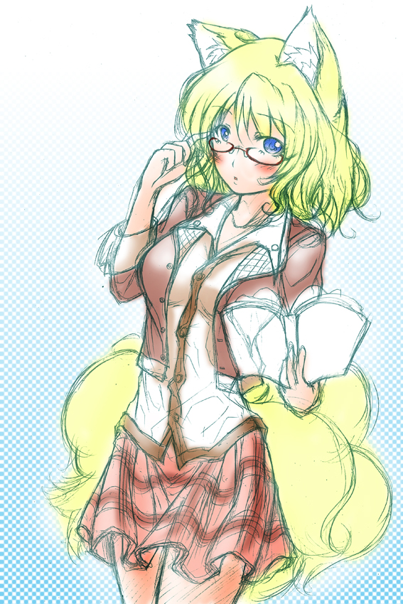 kemu inu, yakumo ran, touhou, 1girl, adjusting eyewear, alternate costume, animal ears, bespectacled, blue eyes, blush, book, contemporary, female focus, fox ears, fox tail, glasses, miniskirt, multiple tails, sketch, skirt, solo, tail