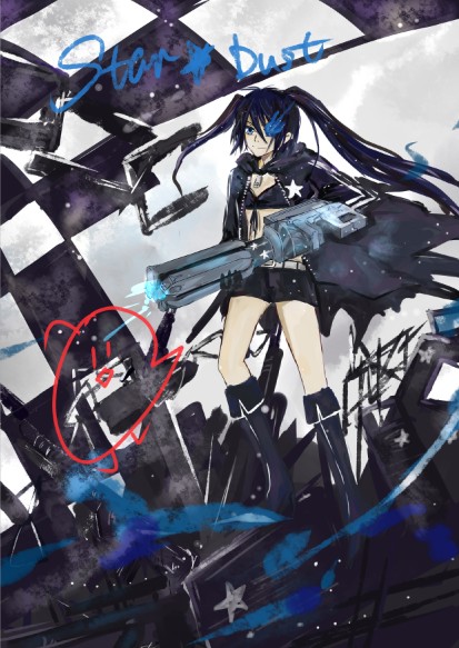 black rock shooter (character), black rock shooter, 10s, arm cannon, black hair, blue eyes, chain, coat, gloves, gun, long hair, signature, solo, twintails, weapon