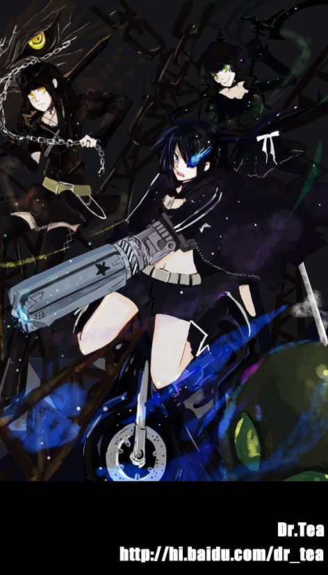 black rock shooter (character), dead master, dragon slayer, black rock shooter, vehicle, 10s, 3girls, arm cannon, belt, bikini, bikini top only, black hair, blue eyes, boots, chain, choker, coat, crown, dragon, dress, flat chest, front-tie top, gloves, glowing, glowing eyes, goth fashion, gun, hair over one eye, hood, hooded jacket, jacket, katana, knee boots, long hair, midriff, motor vehicle, motorcycle, multiple girls, navel, pale skin, pantyhose, red eyes, shorts, skull, smile, star (symbol), swimsuit, sword, thighhighs, twintails, uneven twintails, very long hair, watermark, weapon, yellow eyes, zipper