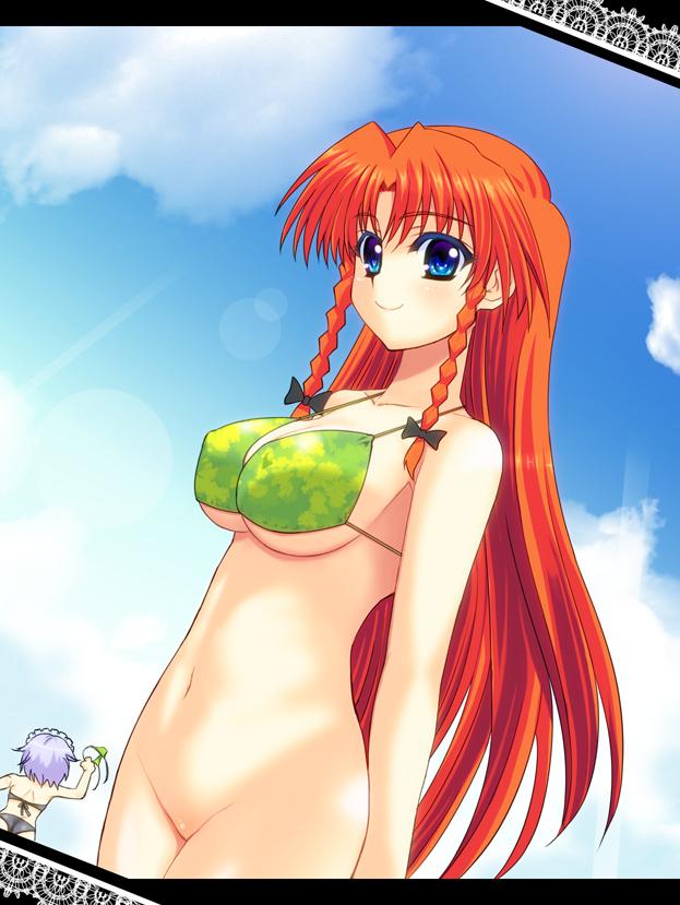 takadoya, hong meiling, izayoi sakuya, touhou, silver hair, 2girls, assisted exposure, bikini, bikini top only, blue eyes, bottomless, braid, breasts, clothes theft, colored eyelashes, day, female focus, large breasts, letterboxed, long hair, midriff, multiple girls, navel, red hair, short hair, swimsuit, swimsuit theft, theft, twin braids, unworn bikini bottom