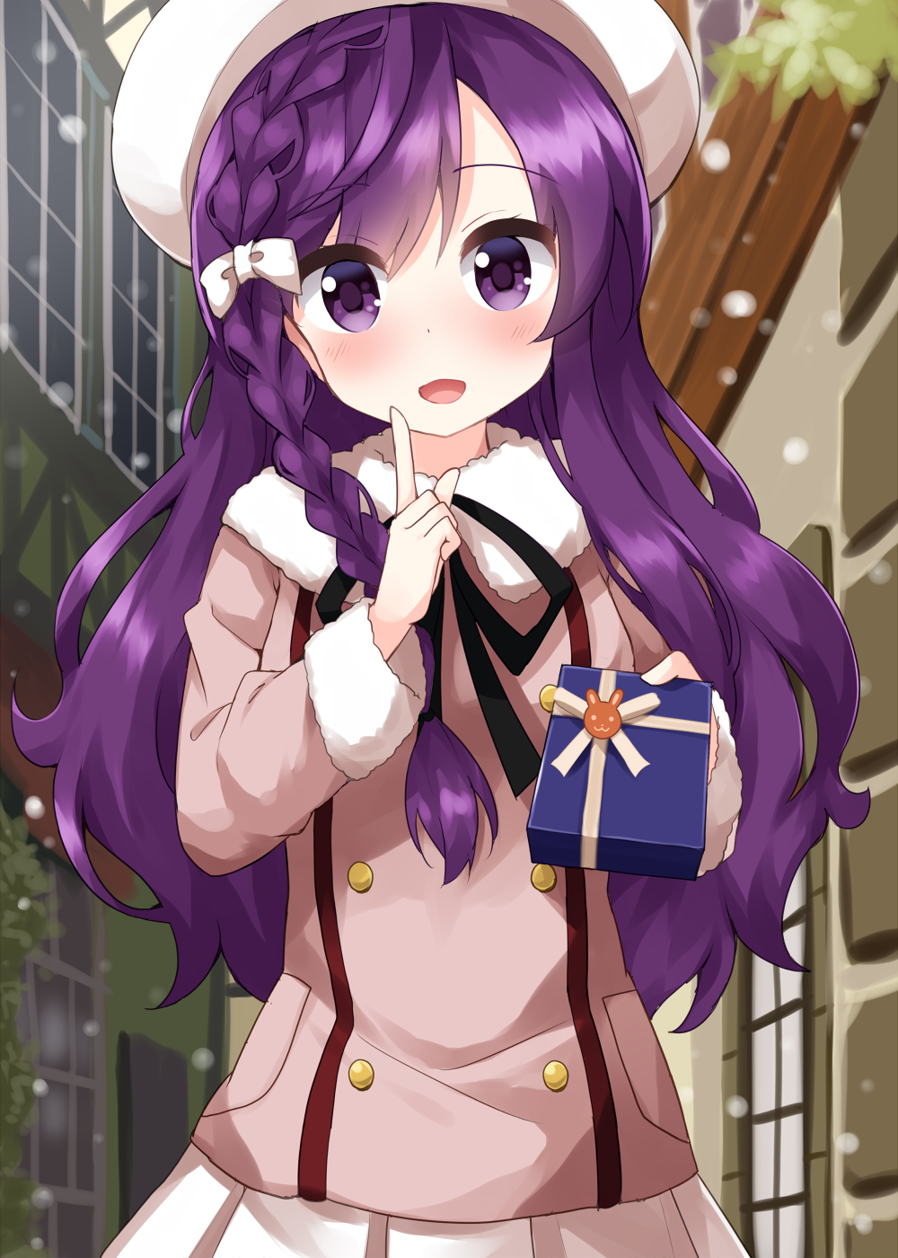 ruu (tksymkw), tedeza rize, gochuumon wa usagi desu ka?, commentary request, highres, 1girl, :d, black ribbon, blush, bow, box, braid, buttons, cowboy shot, day, double-breasted, fur-trimmed sleeves, fur trim, hair bow, hat, holding, holding box, index finger raised, jacket, long hair, long sleeves, looking at viewer, neck ribbon, open mouth, outdoors, parted bangs, pink jacket, pleated skirt, purple eyes, purple hair, ribbon, single braid, skirt, smile, snowflakes, solo, valentine, white bow, white hat, white skirt, winter
